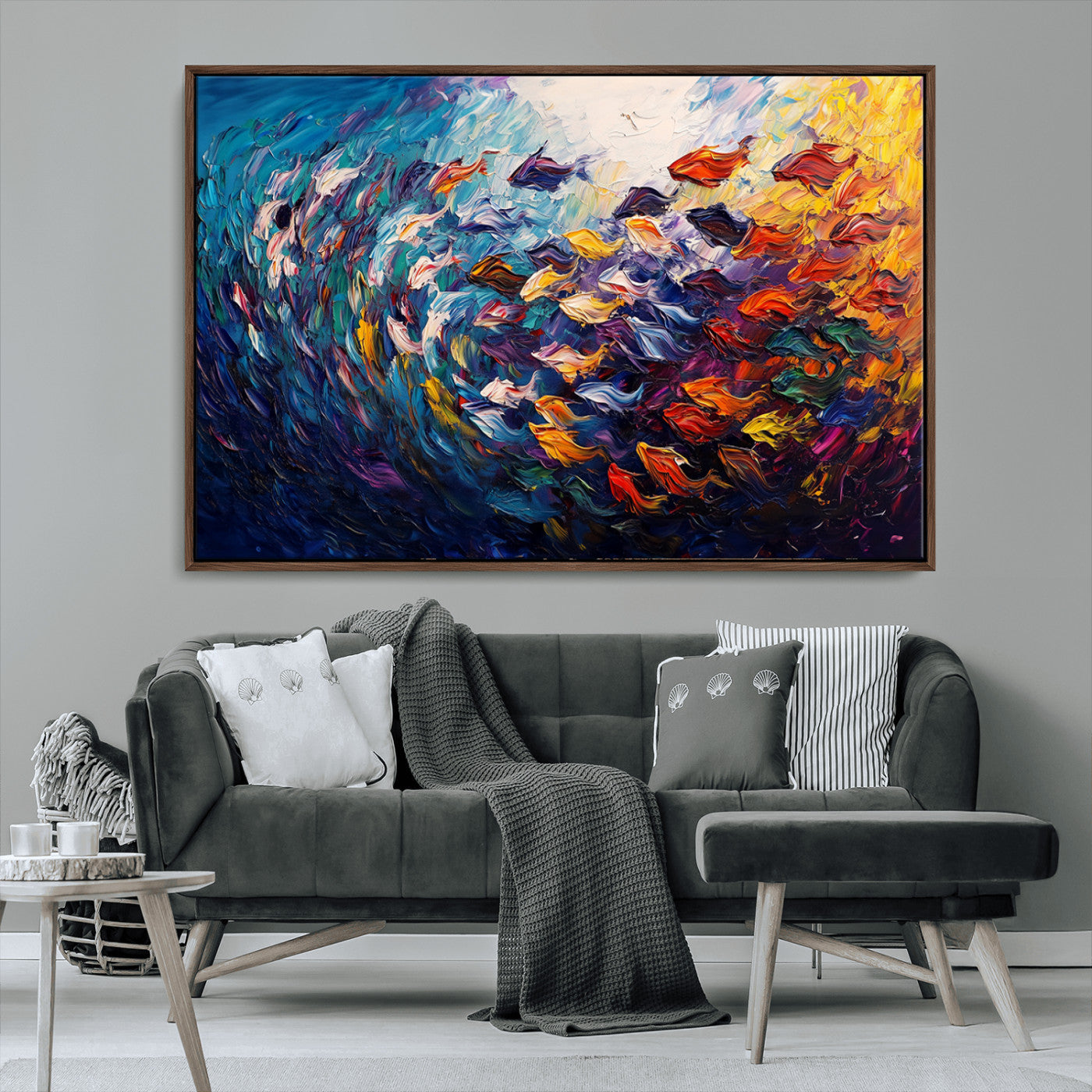 MGV-FC-36X24 - Vibrant Abstract Fish Swarm Art – Colorful Fish Inspired 3-Piece Canvas Wall Art for Living Room or