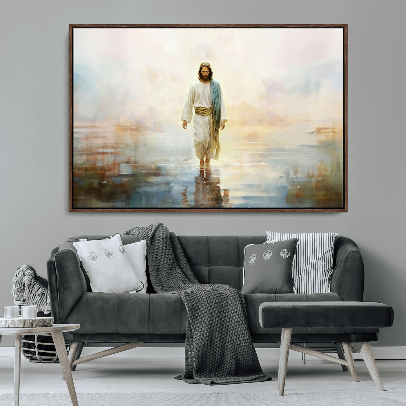 MGV-FC-36X24 - Framed Jesus Walking on Water Wall Art - 3-Panel Christian Canvas Prints, Religious Artwork for