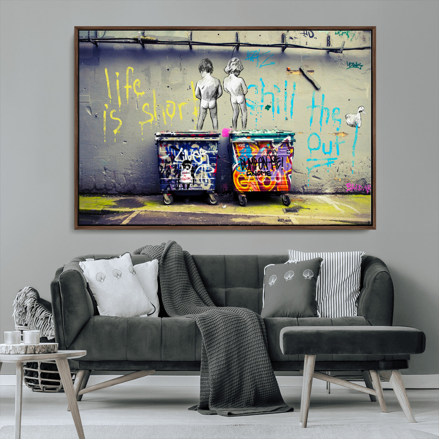 MGV-FC-36X24 - Banksy Life is Short Wall Art - Iconic Graffiti Art on Framed Ready-to-Hang Canvas - Street Art