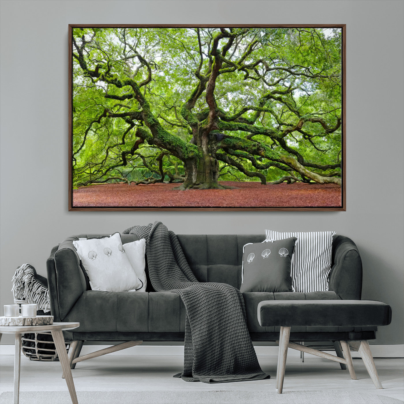 MGV-FC-36X24 - Framed Angel Oak Tree Wall Art - 3-Panel Canvas Prints, Large Green Nature Artwork, Ready to Hang