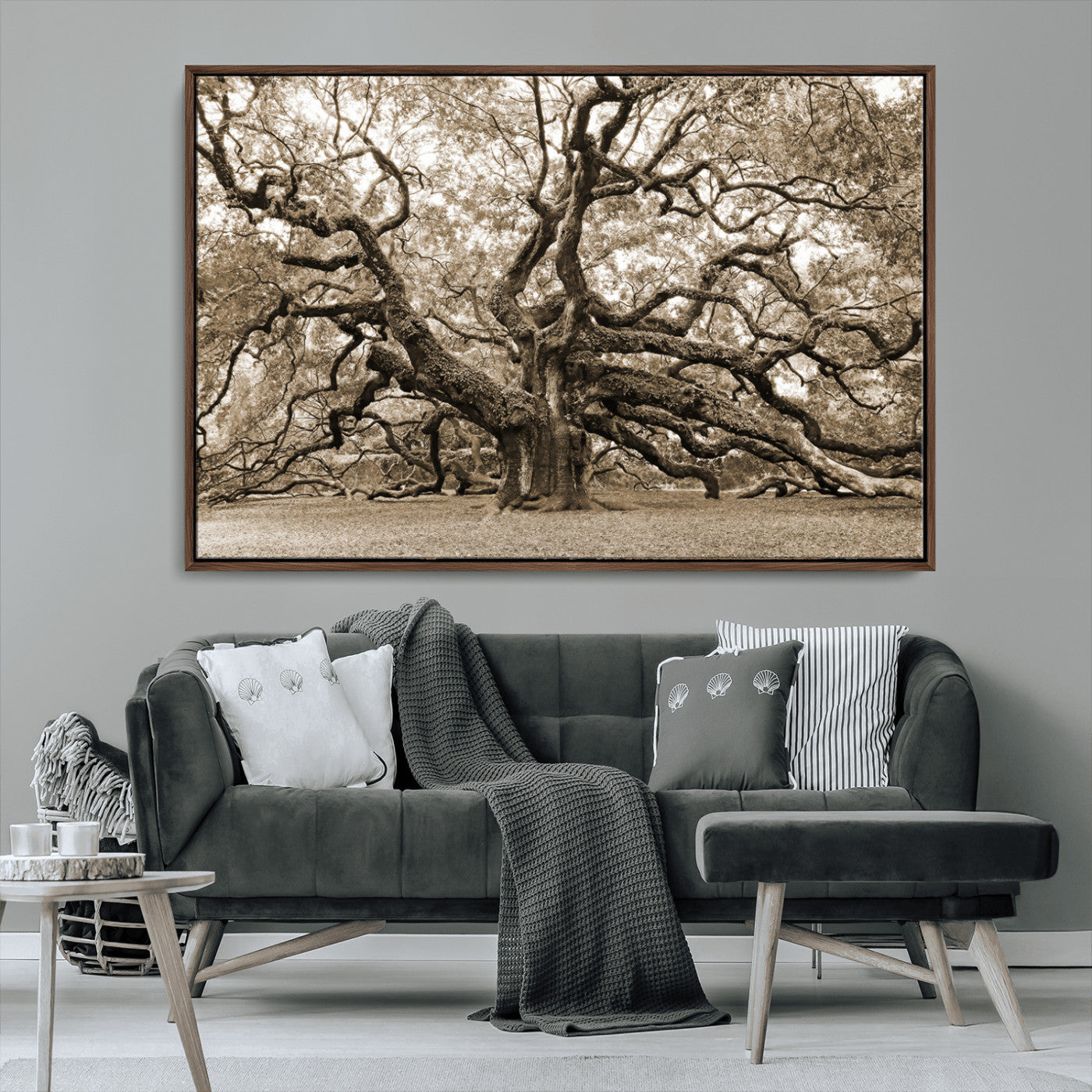 51126-MGV-CV-36X24-Sepia Framed Angel Oak Tree Wall Art - 3-Panel Canvas Prints, Large Green Nature Artwork, Ready to