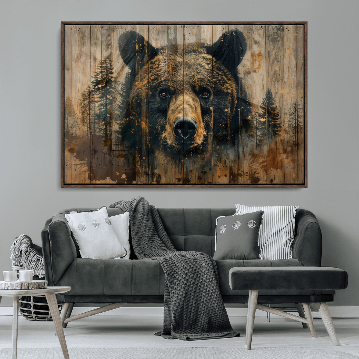 MGV-FC-36X24 - Abstract 399 Bear Wall Art | Rustic Cabin Wall Decor with Forest Design | Framed and Ready to Hang |