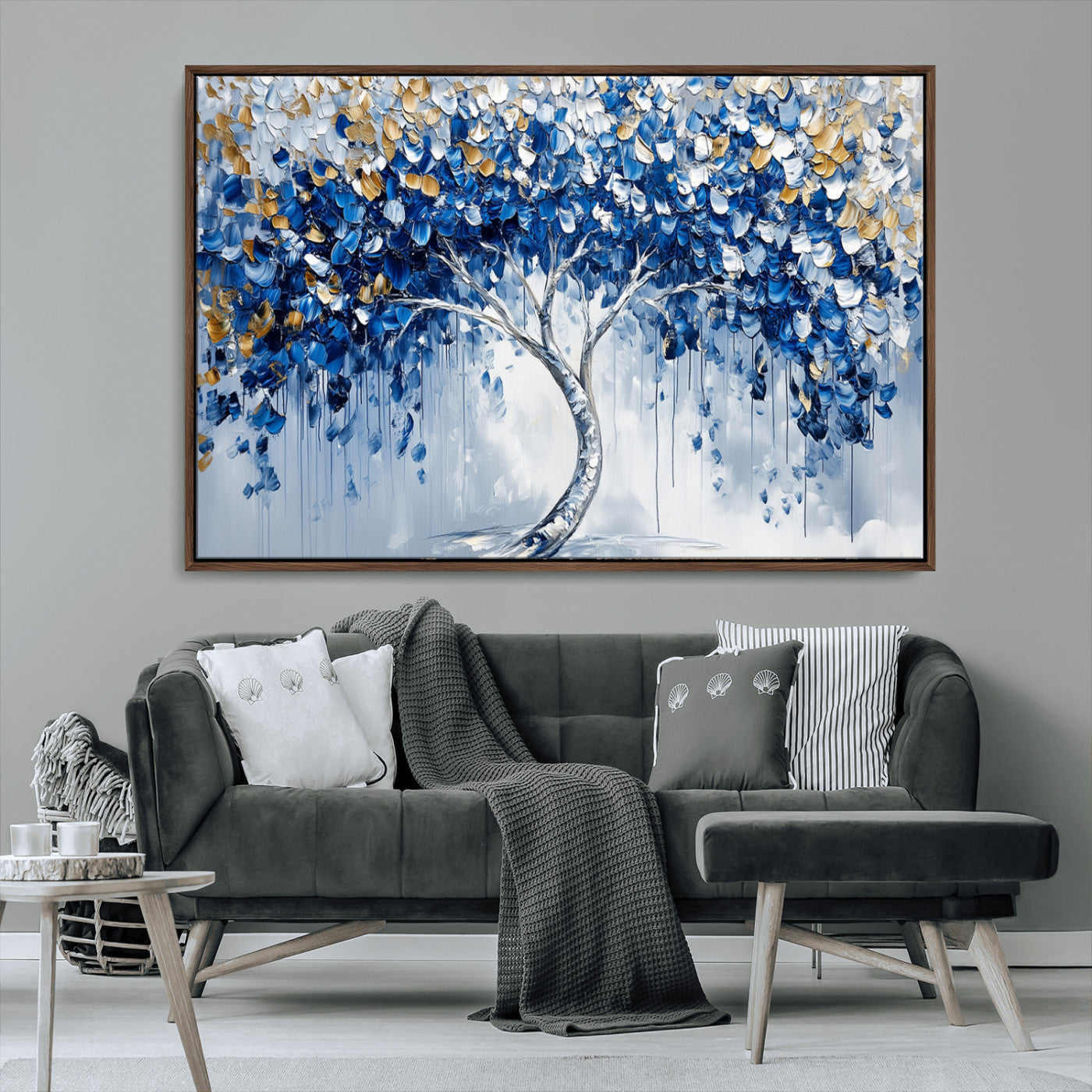 MGV-FC-36X24 - Blue and Gold Abstract Tree Wall Art Canvas Print | Modern Tree of Life Painting | Framed Canvas