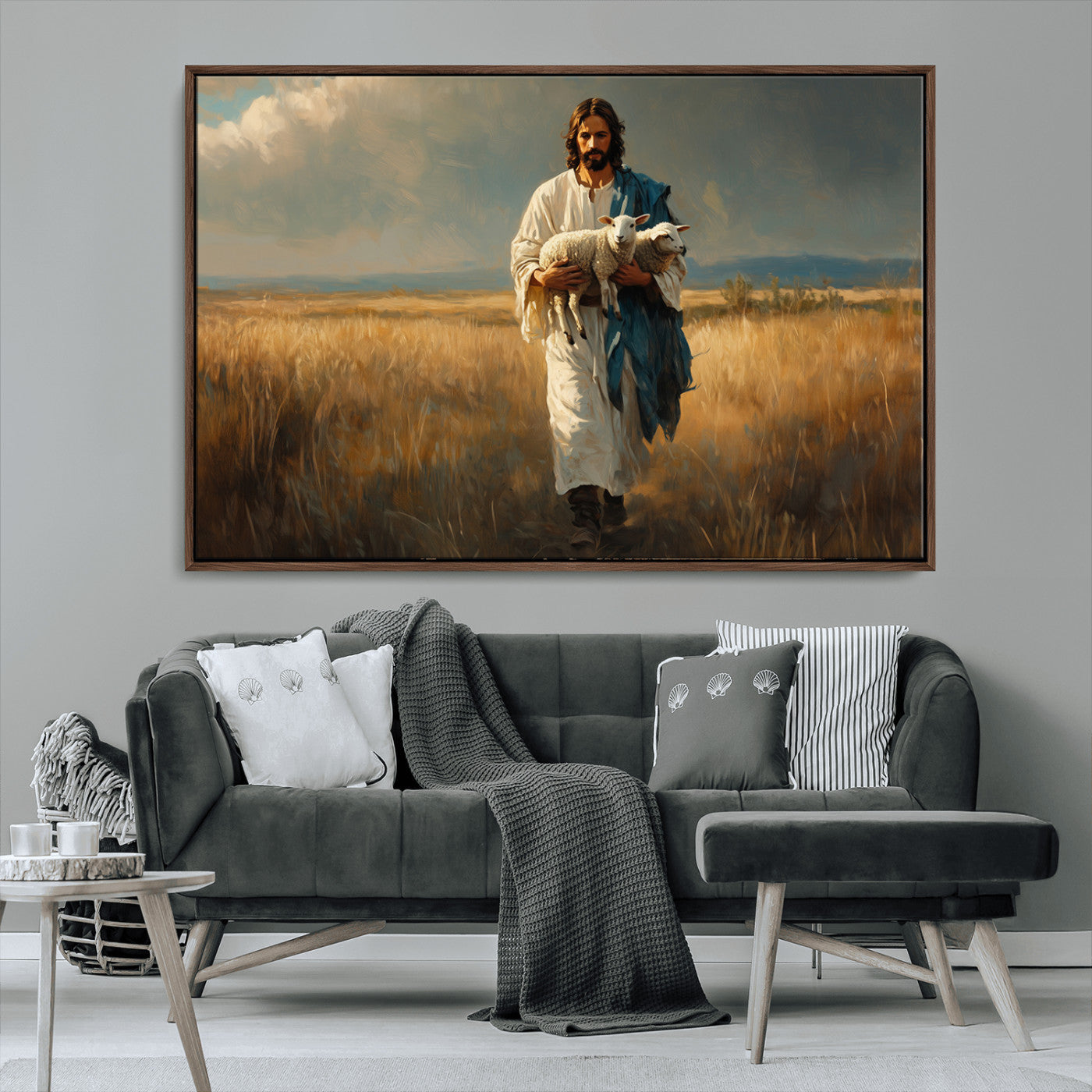 MGV-FC-36X24 - Jesus Shepherd Wall Art | Ready to Hang Triptych Canvas of Jesus Holding a Lamb in a Field |