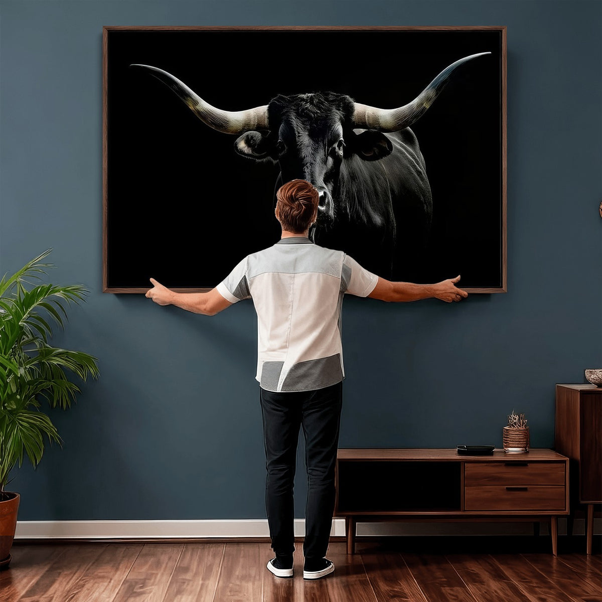 20679-MGV-CV-24X16 - Texas Black Longhorn Bull Wall Art Canvas Print, Western Cattle Rustic Decor