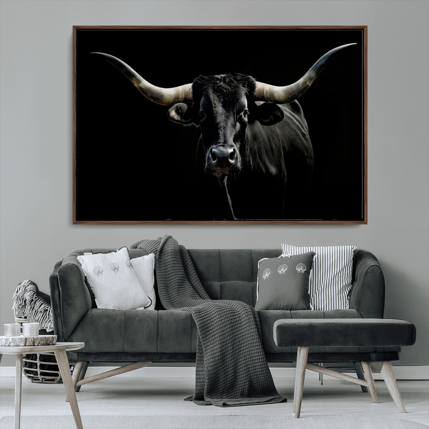 MGV-FC-36X24 - Texas Black Longhorn Bull Wall Art Canvas Print - Western Texas Cattle Rustic Decor Print - Longhorn