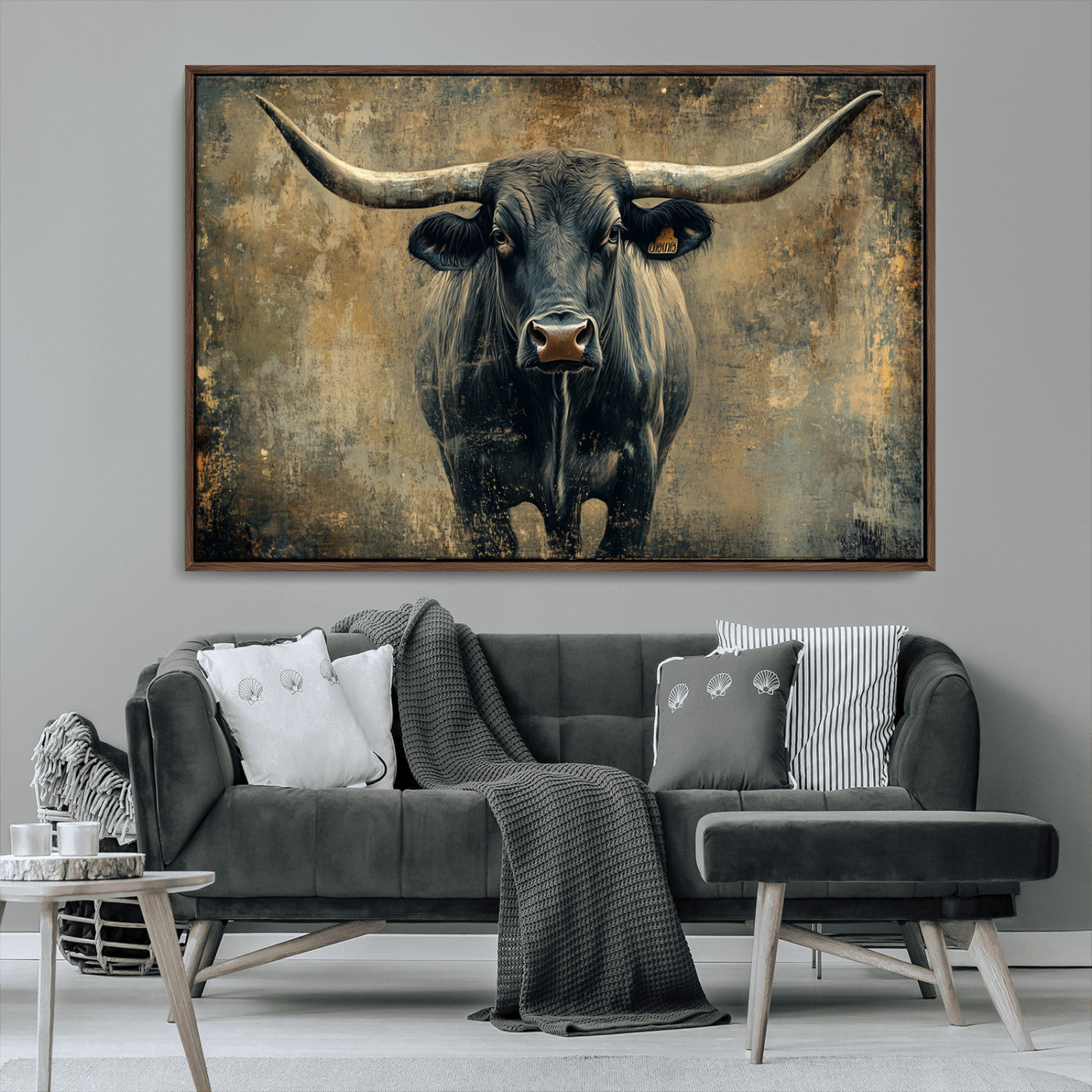 MGV-FC-36X24 - Longhorn Bull Wall Art Canvas Print, Framed Rustic Cow Art Picture Print, Texas Longhorn Perfect Western Decor Artwork