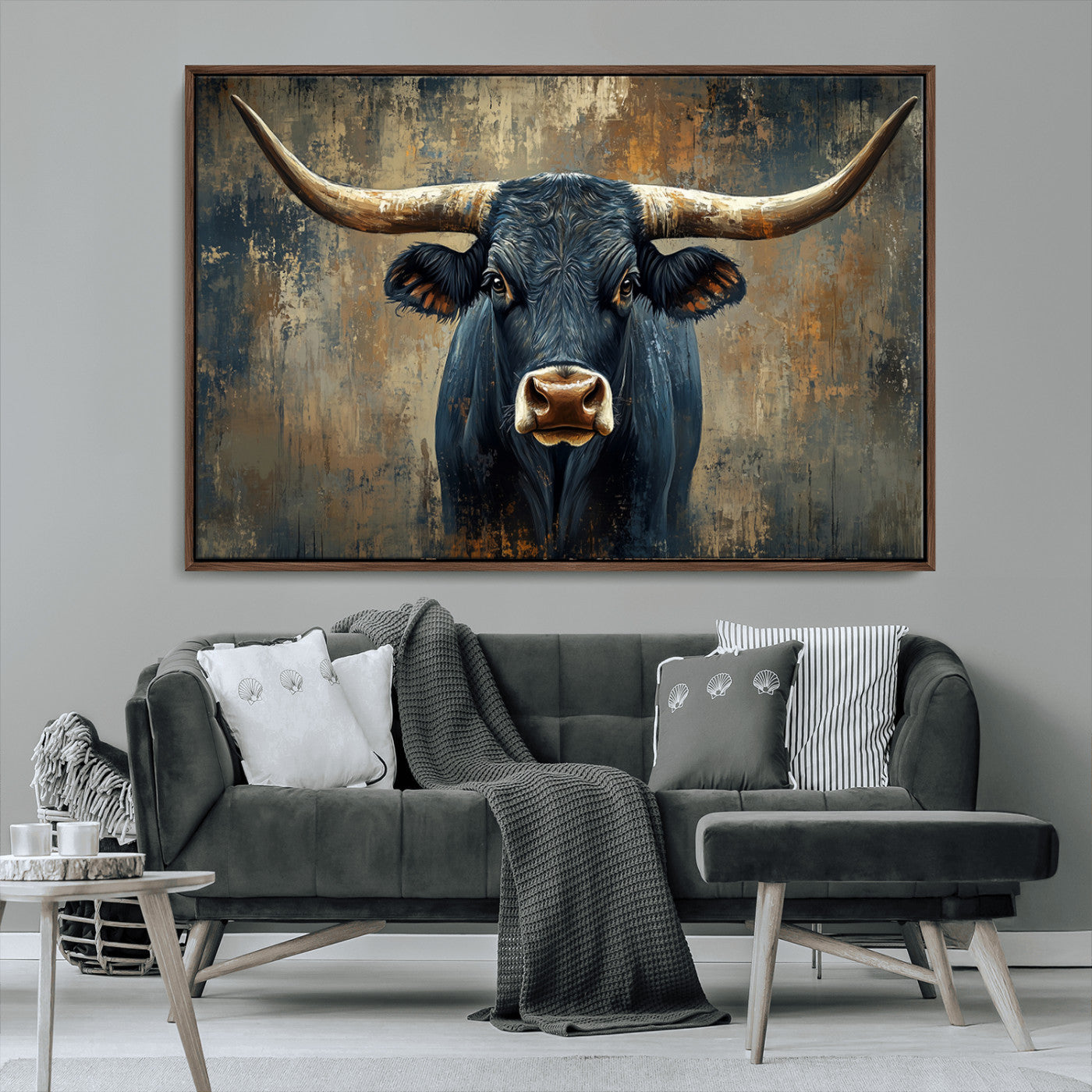 MGV-FC-36X24 - Texas Western Wall Art Canvas Print - Abstract Cow Longhorn Bull Wall Art Canvas Print - Rustic Cow