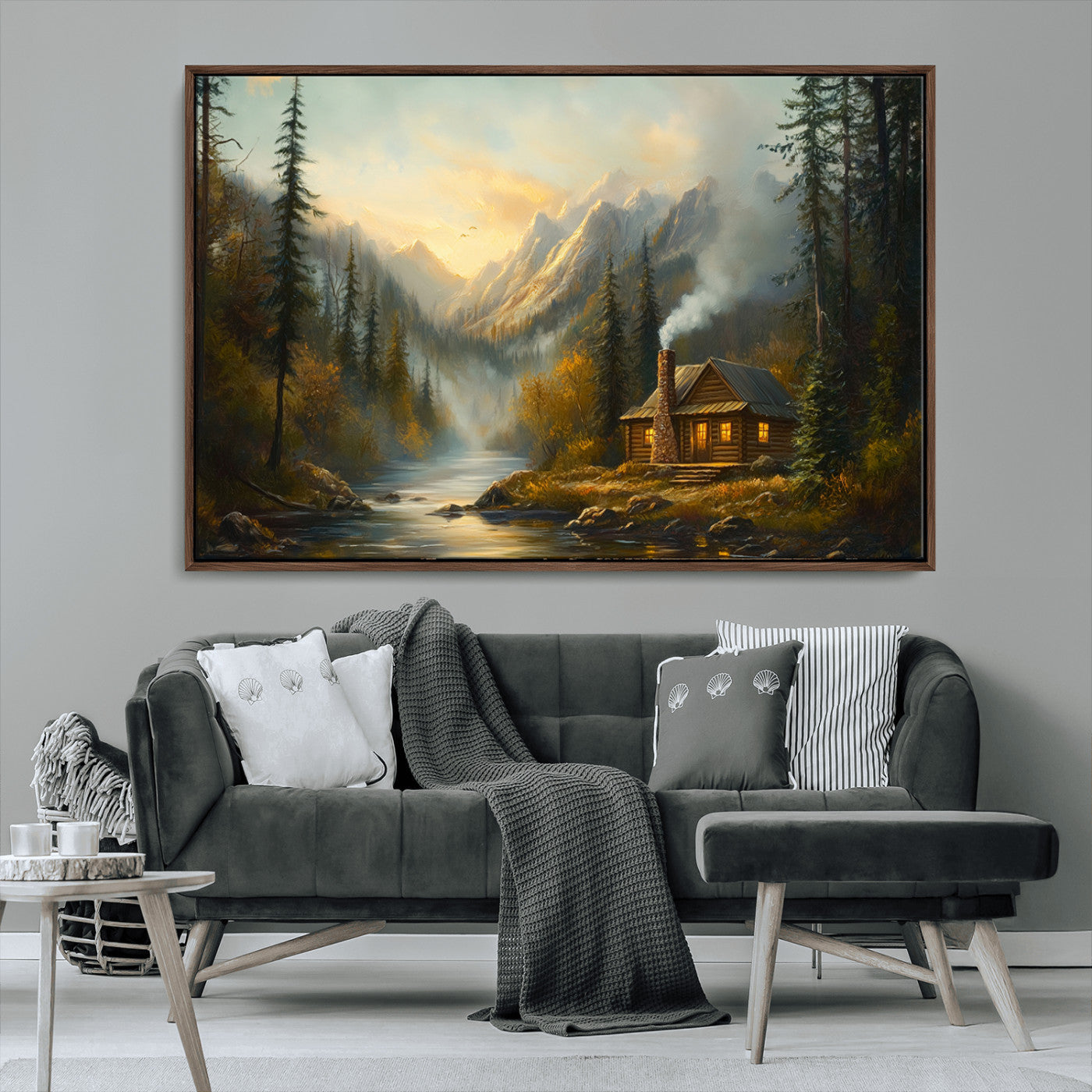 MGV-FC-36X24 - Wood Cabin Retreat Mountain at Sunset Wall Art Print - Serene Forest and River Landscape Wall Art