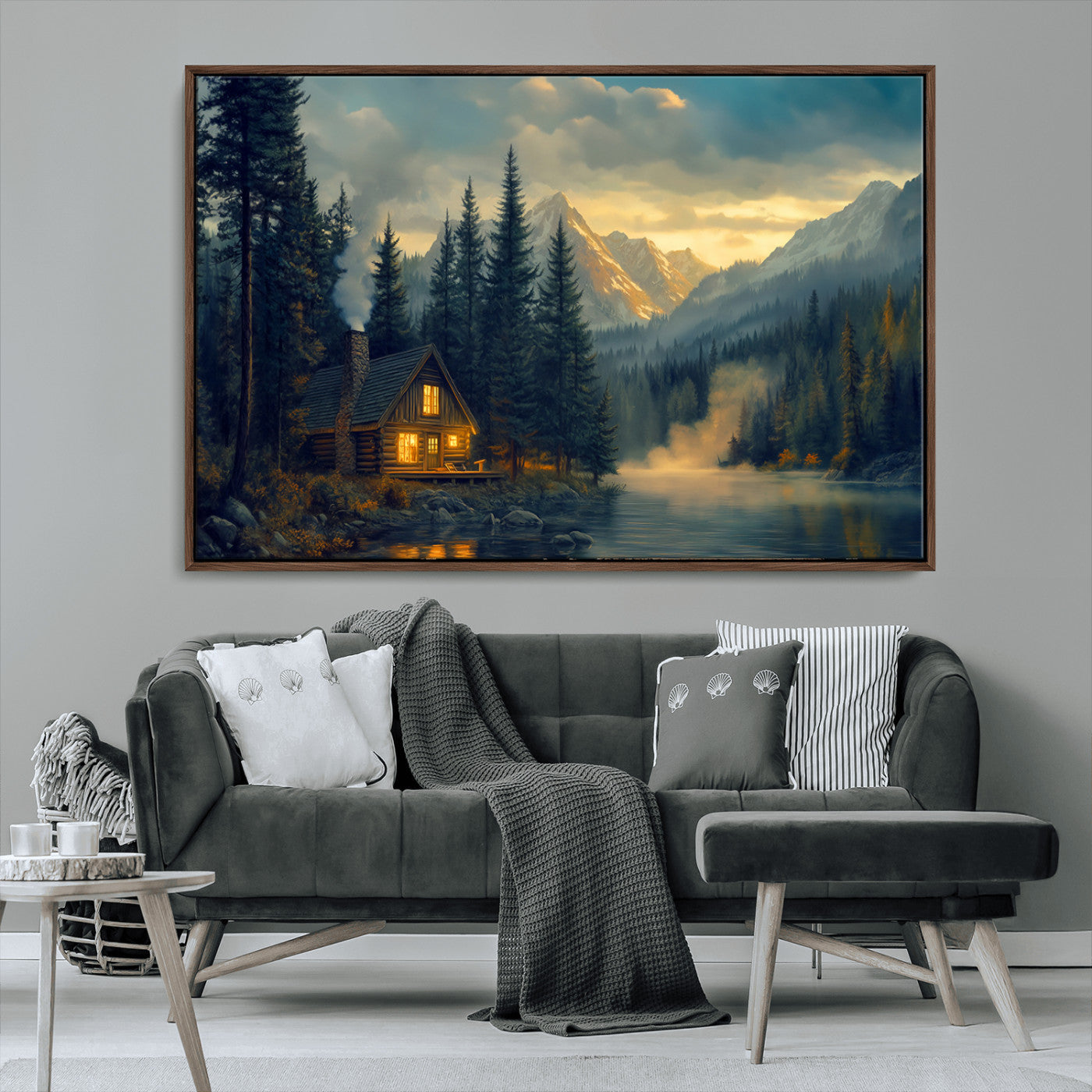 MGV-FC-36X24 - Mountain Cabin by the Lake at Sunset Wall Art - Serene Nature Canvas Print for Living Room Decor,
