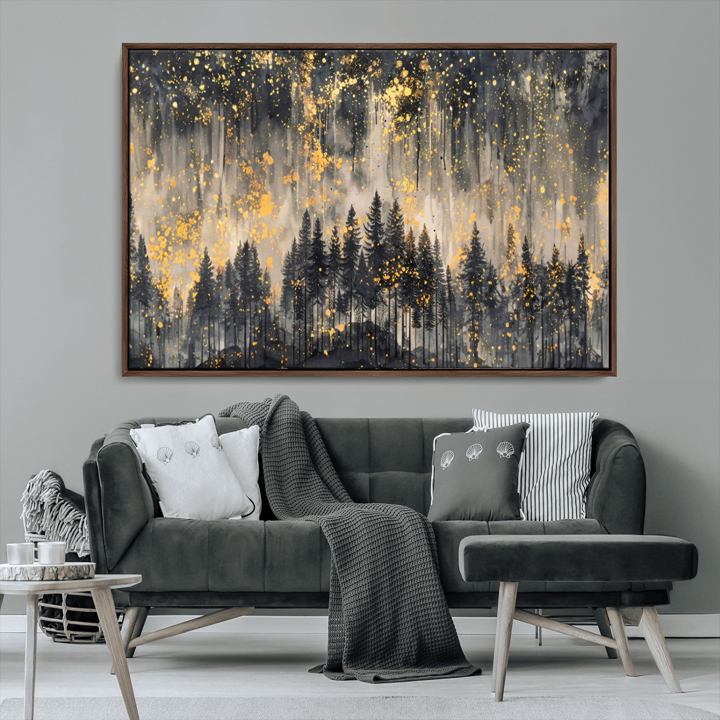 MGV-FC-36X24 - Golden Forest Abstract Wall Art | Dark Forest with Gold Splatter Accents | Triptych Ready to Hang