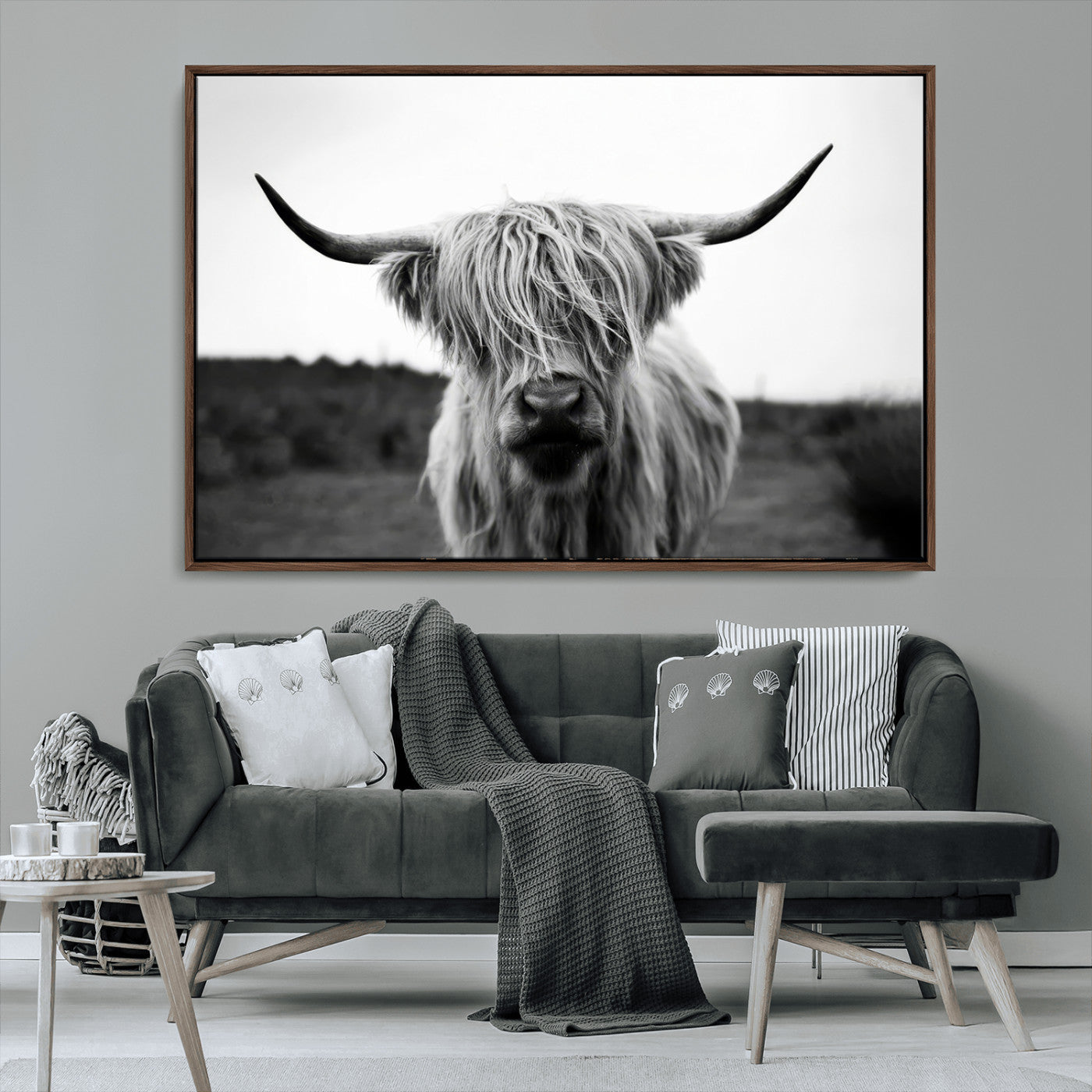 MGV-FC-36X24 - Highland Cow Wall Art | Black and White Farmhouse Decor | Triptych Canvas Print | Rustic Barn Decor