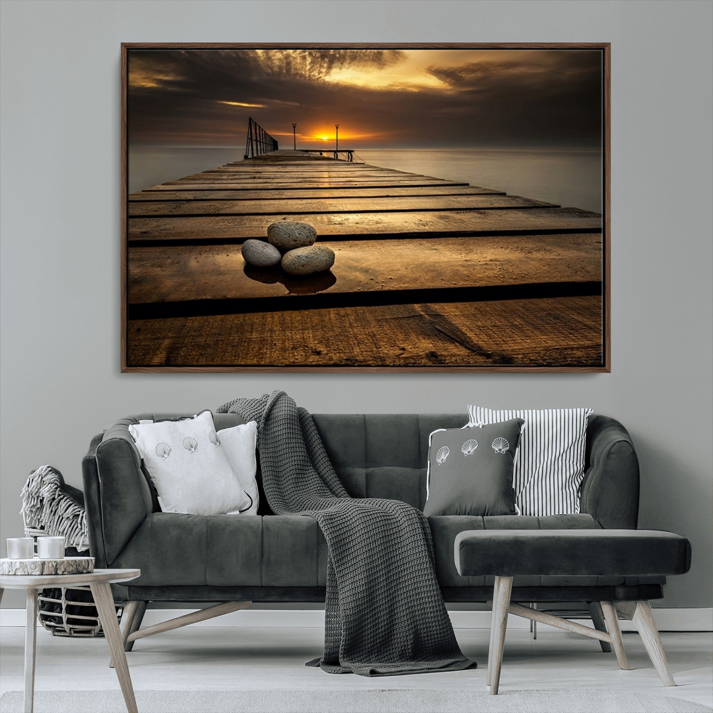 MGV-FC-36X24 - Stones on Wooden Pier at Sunset Canvas Print, Serene Coastal Wall Art, Beach Sunset Photography,