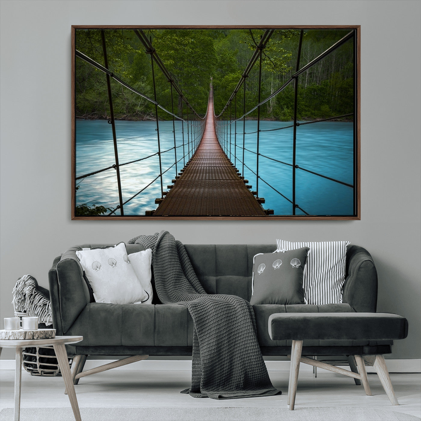MGV-FC-36X24 - Suspension Bridge Over River Canvas Art | 3-Panel Nature Photography | Scenic Wall Art for Living