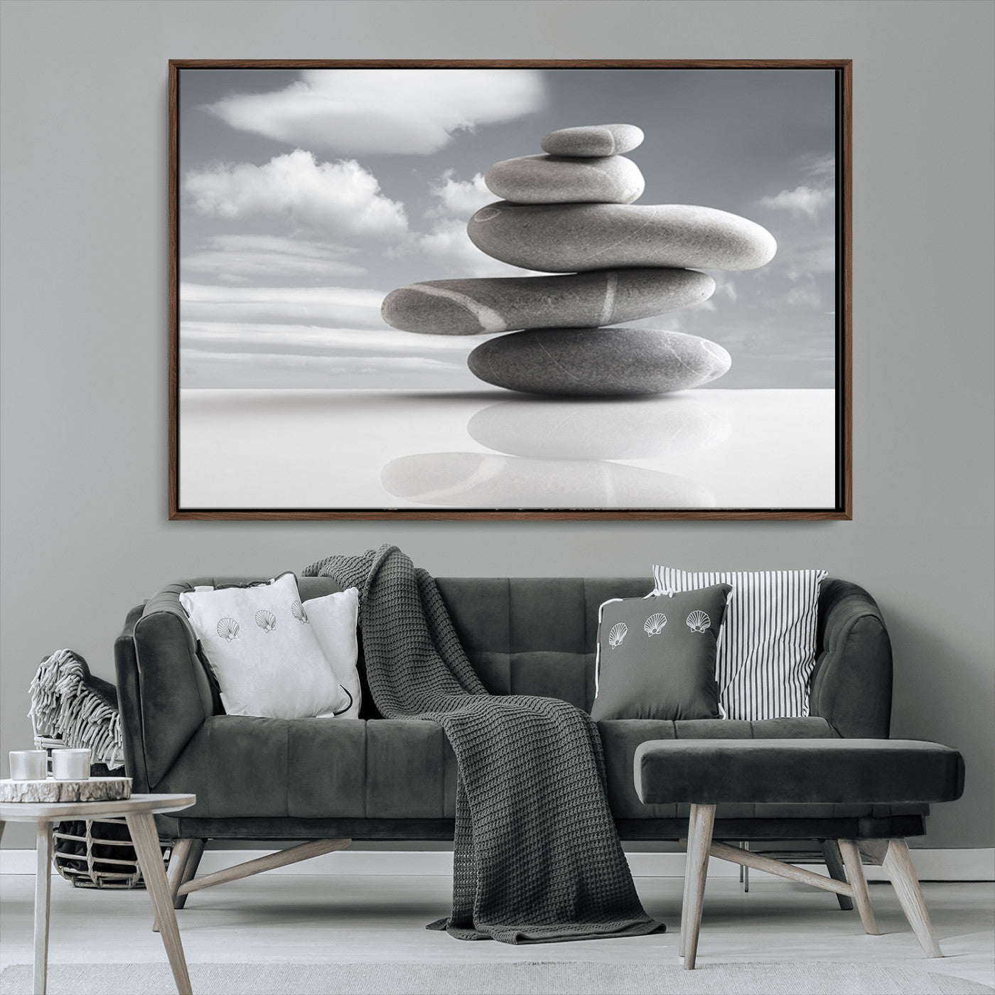 MGV-FC-36X24 - Still Life Black and White Zen Stones Wall Art Canvas, Framed Black and White Zen Stones Canvas