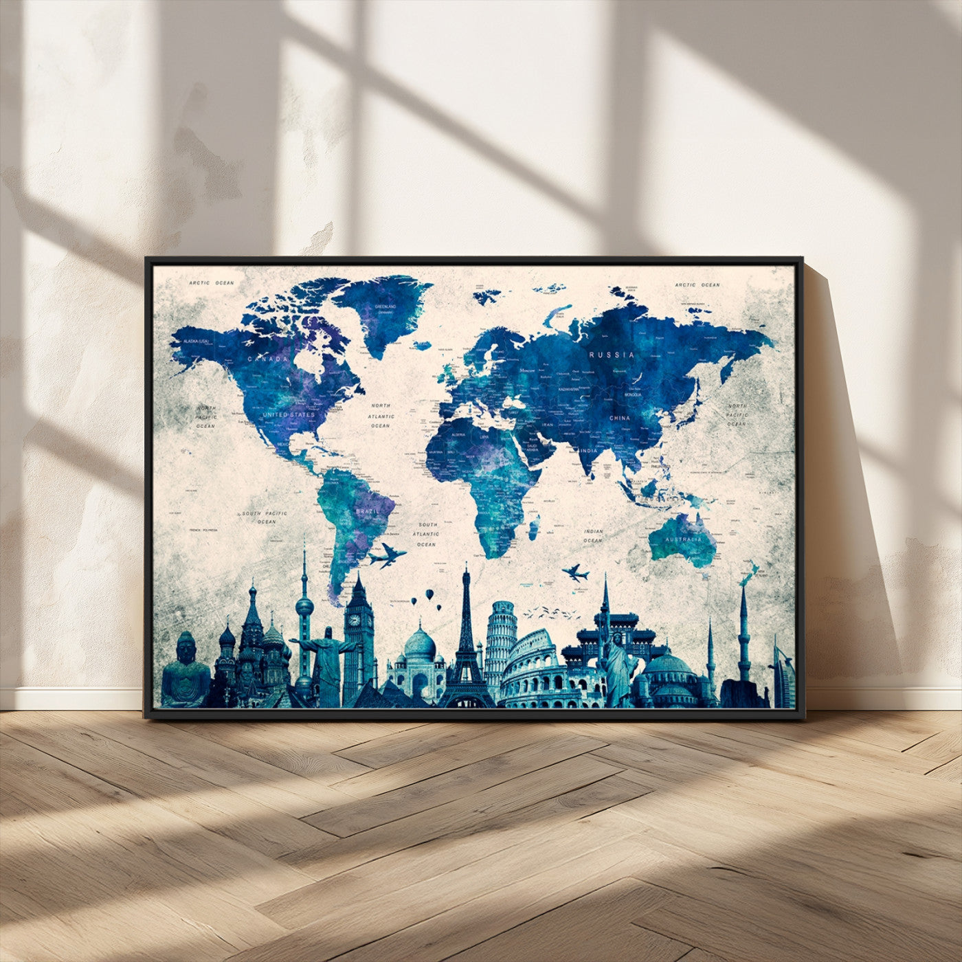 MGV-FC-36X24 - Navy Blue World Map Canvas Print, Wonder of World Map Push Pin Canvas Print