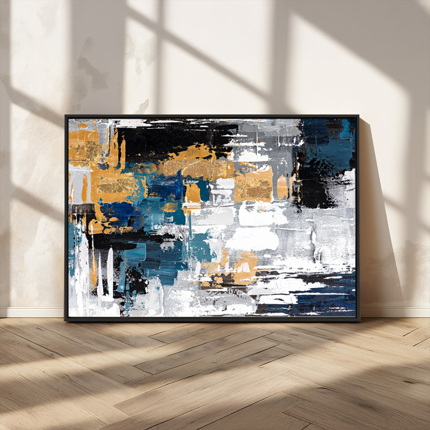 57708-MGV-CV-36X24-Blue and Gold Abstract Canvas Wall Art – Triptych Modern Painting for Living Room – Framed and Ready to Hang