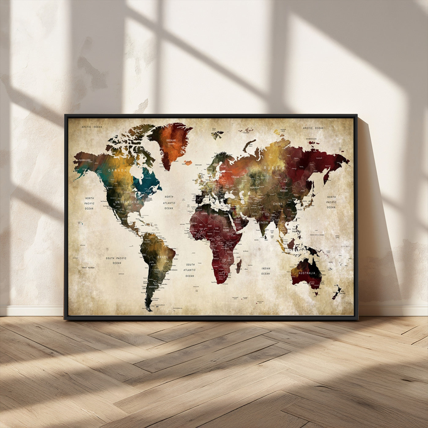 MGV-FC-36X24 - Large World Map Wall Art Canvas Print, Framed Push Pin Map Art Picture Print, Abstract Traveller Map Perfect Modern Decor Artwork