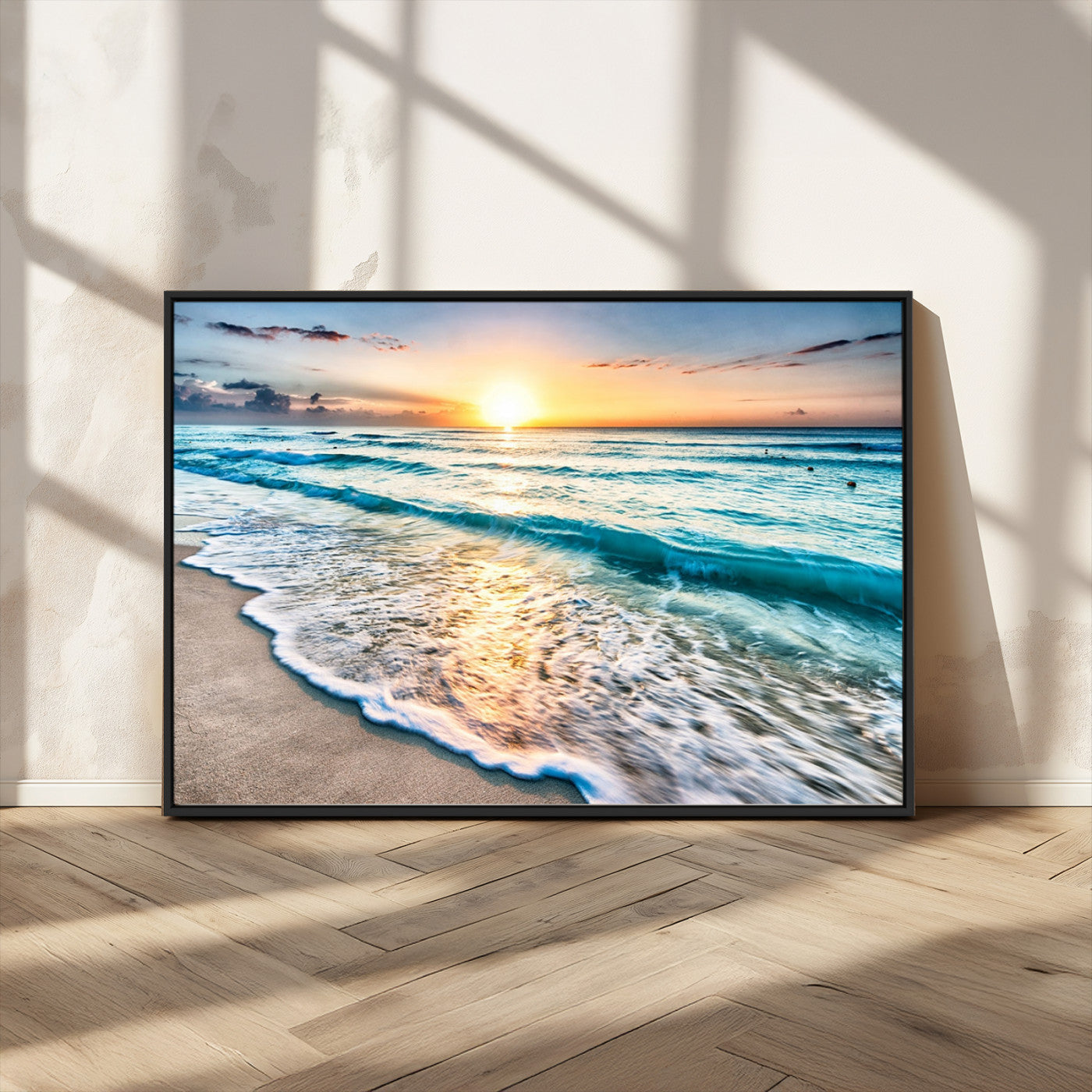 MGV-FC-36X24 - Sunset Beach Waves Canvas Wall Art – 5-Panel Ocean Sunset Print – Coastal Decor for Living Room or