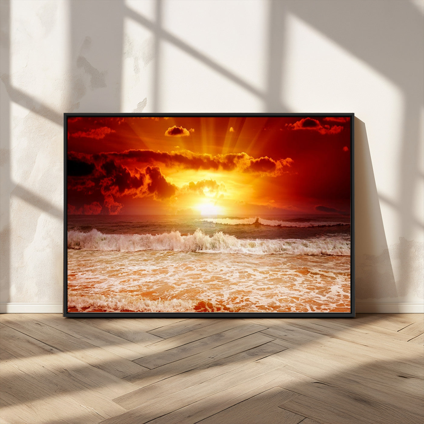MGV-FC-36X24 - Red Sunset Ocean Beach Canvas Wall Art Beach Canvas, Coastal Sunset Print