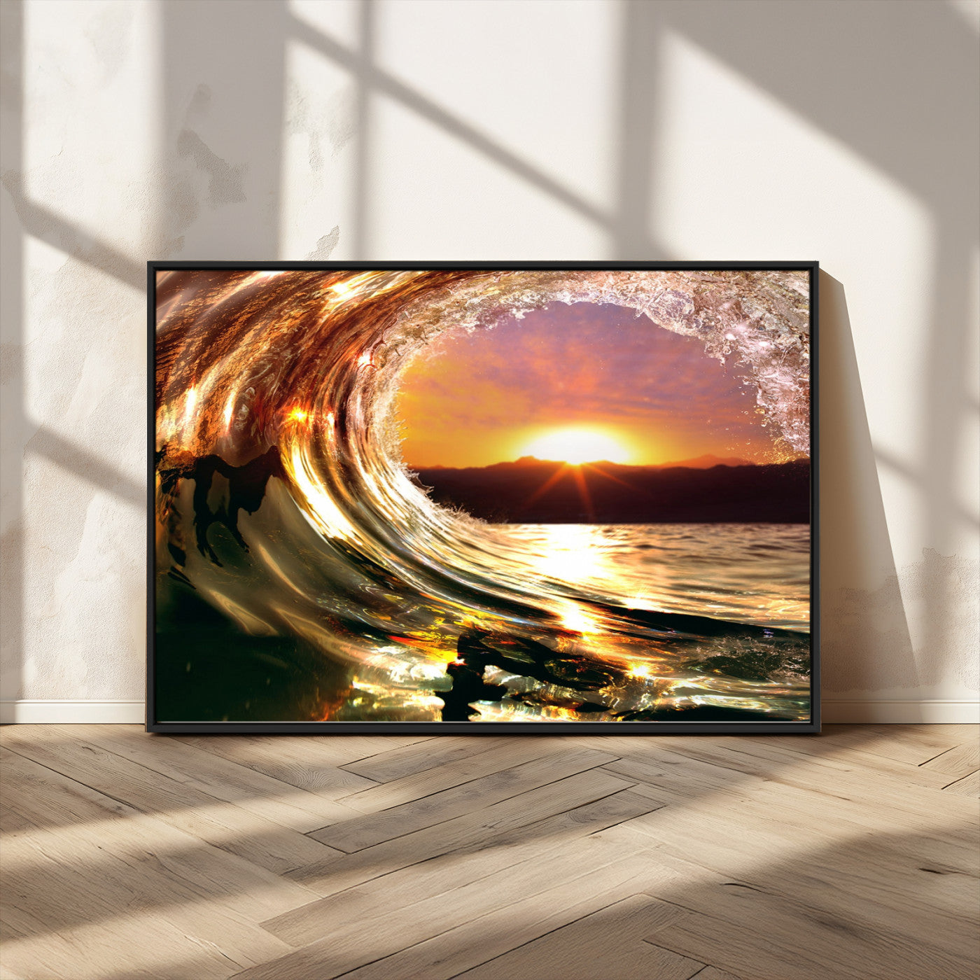 MGV-FC-36X24 - Golden Wave Sunset Triptych Canvas Art, Giclee Canvas Print of Ocean Wave and Sunset, Framed Ocean