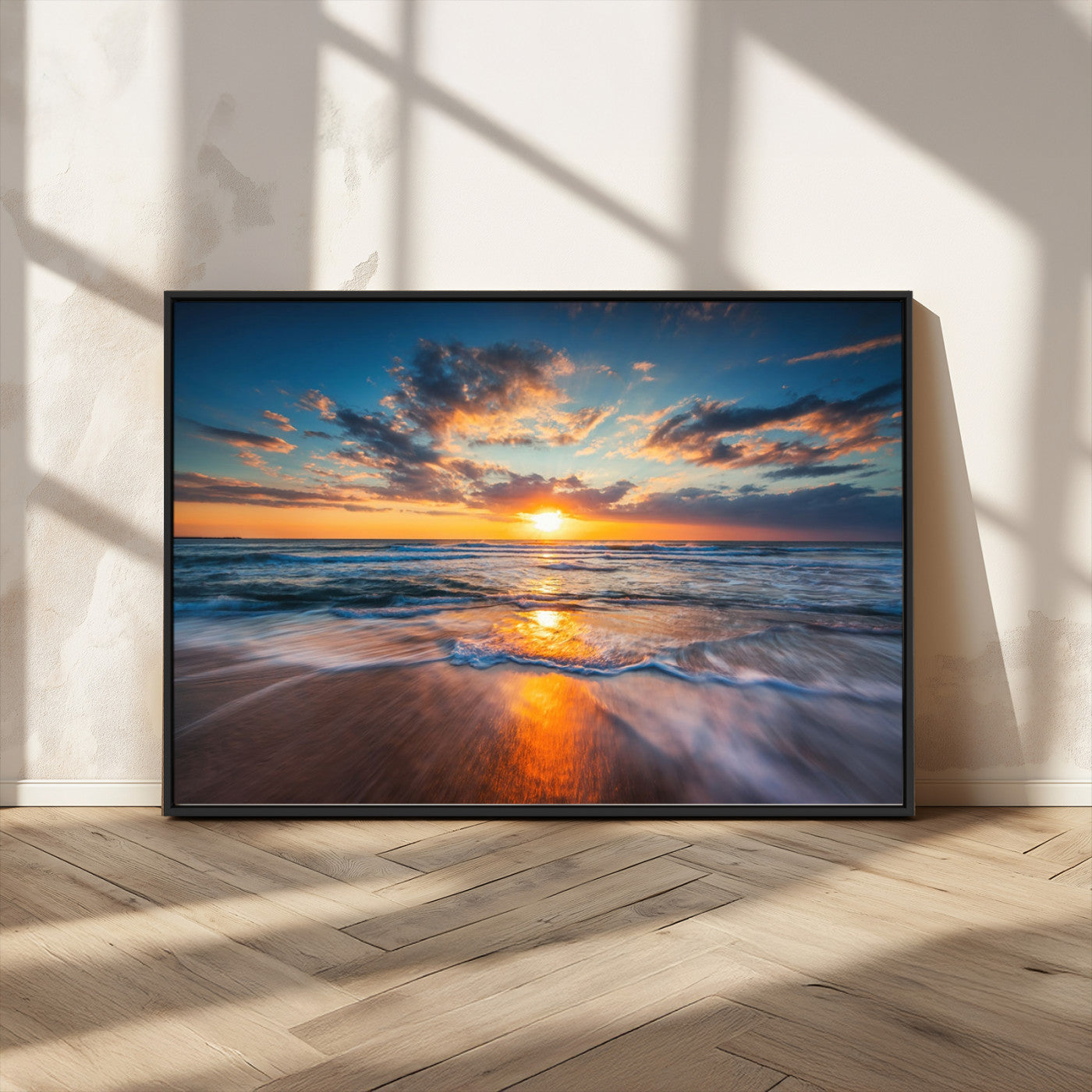 MGV-FC-36X24 - Sunset on the Ocean Beach with Waves, Reflections on Sand, Coastal Wall Art Print, Beach Wall Art,