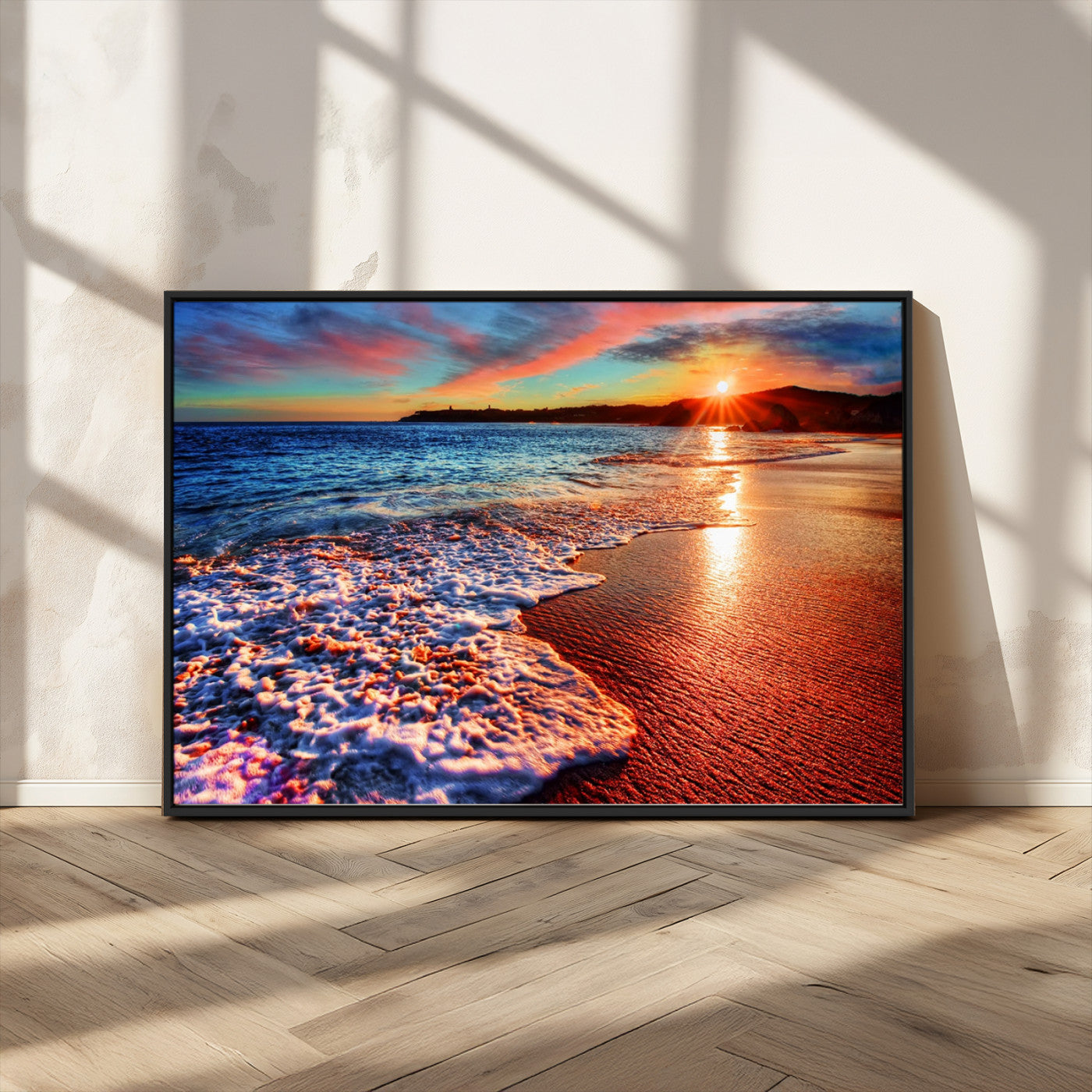 MGV-FC-36X24 - Colorful Coastal Sunset on the Beach Canvas Print, Ocean Waves Crashing at Dusk, Multi-Panel Seascape Vibrant Coastal Wall Art Canvas Print