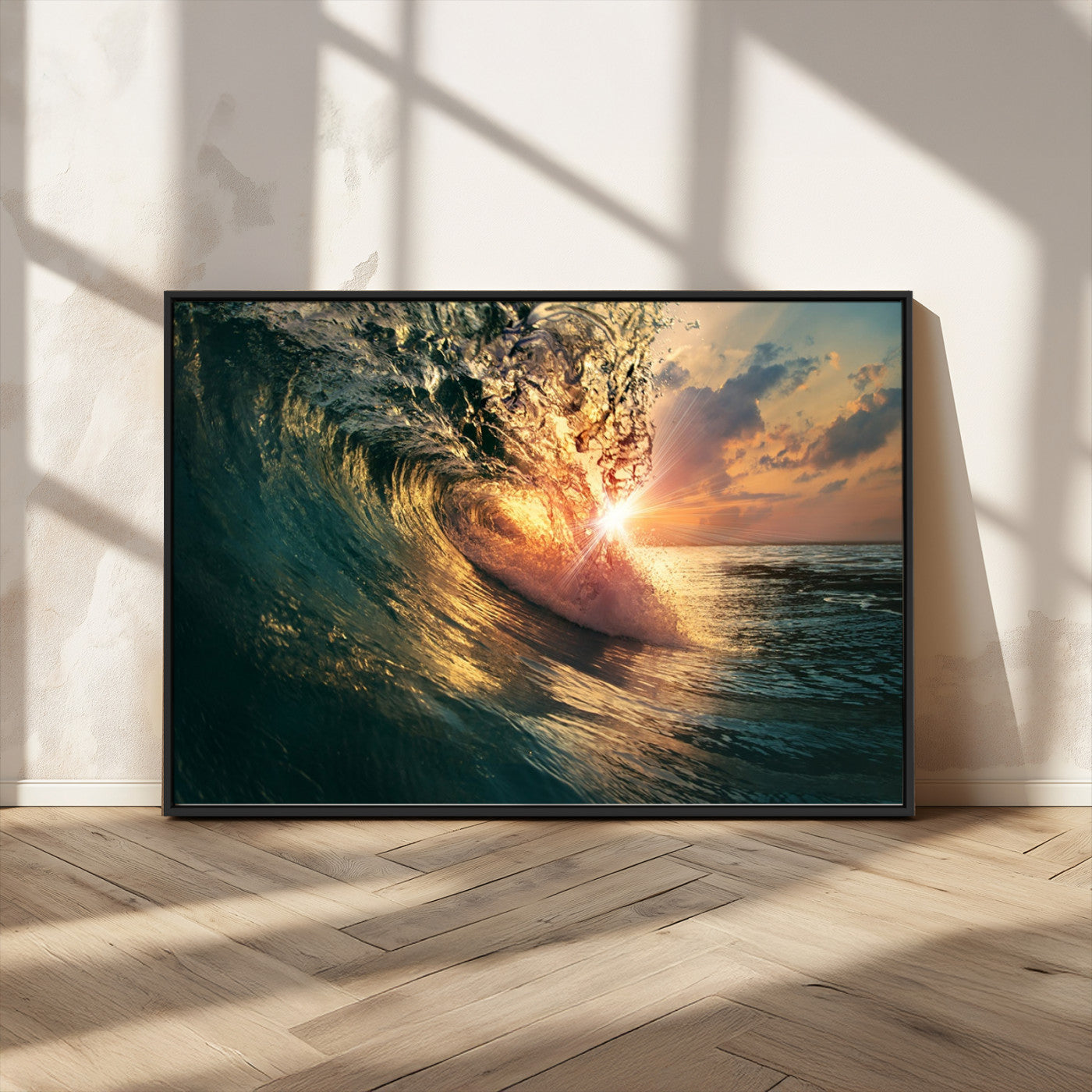 MGV-FC-36X24 - Ocean Wave Sunset Canvas Wall Art – Triptych Seascape Print – Framed and Ready to Hang for Living Room or Office