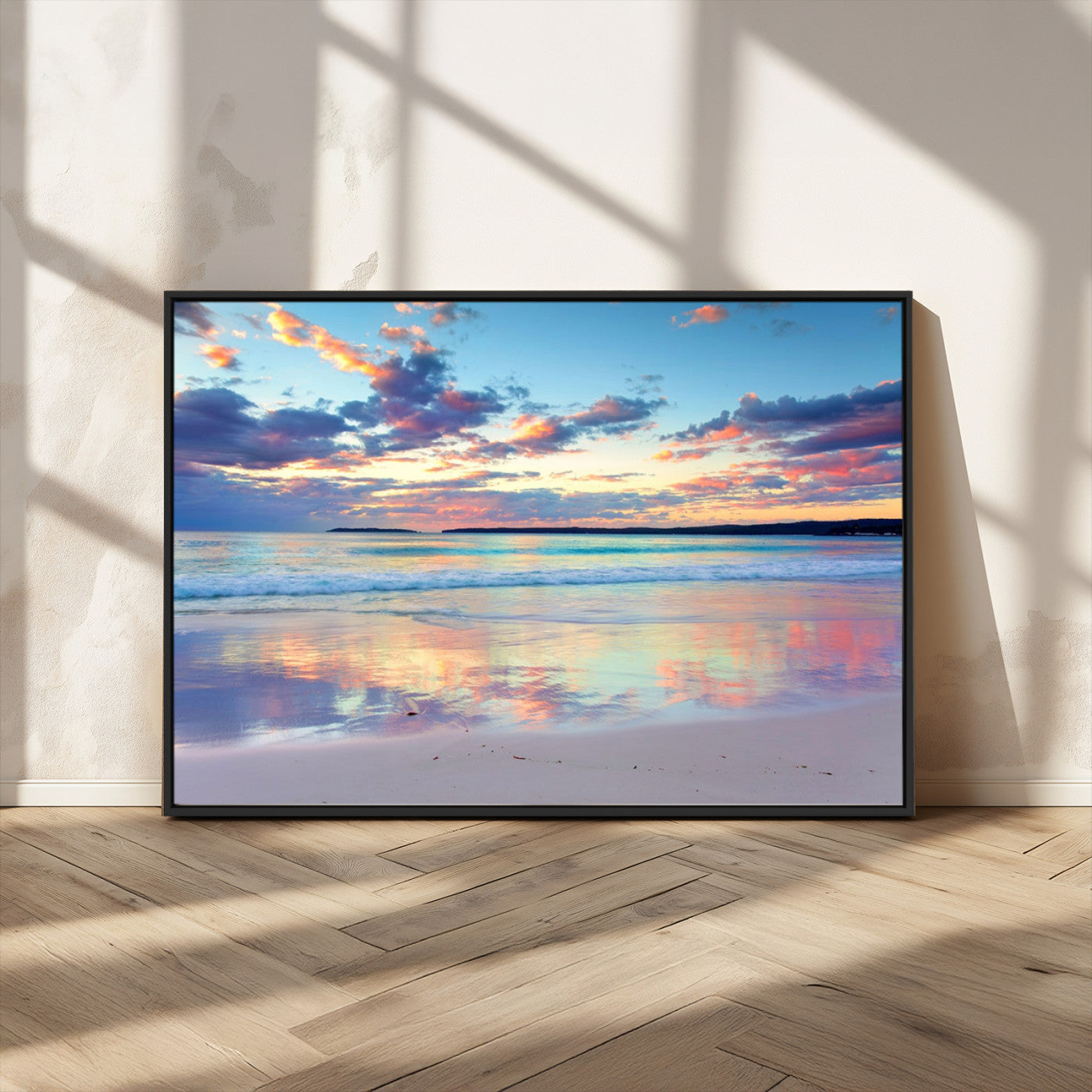 MGV-FC-36X24 - Tranquil Pastel Sunset Beach Triptych Canvas Art, Soothing Coastal Ocean Shoreline Giclee Print, Beach Reflections Wall Decor for Serene Spaces