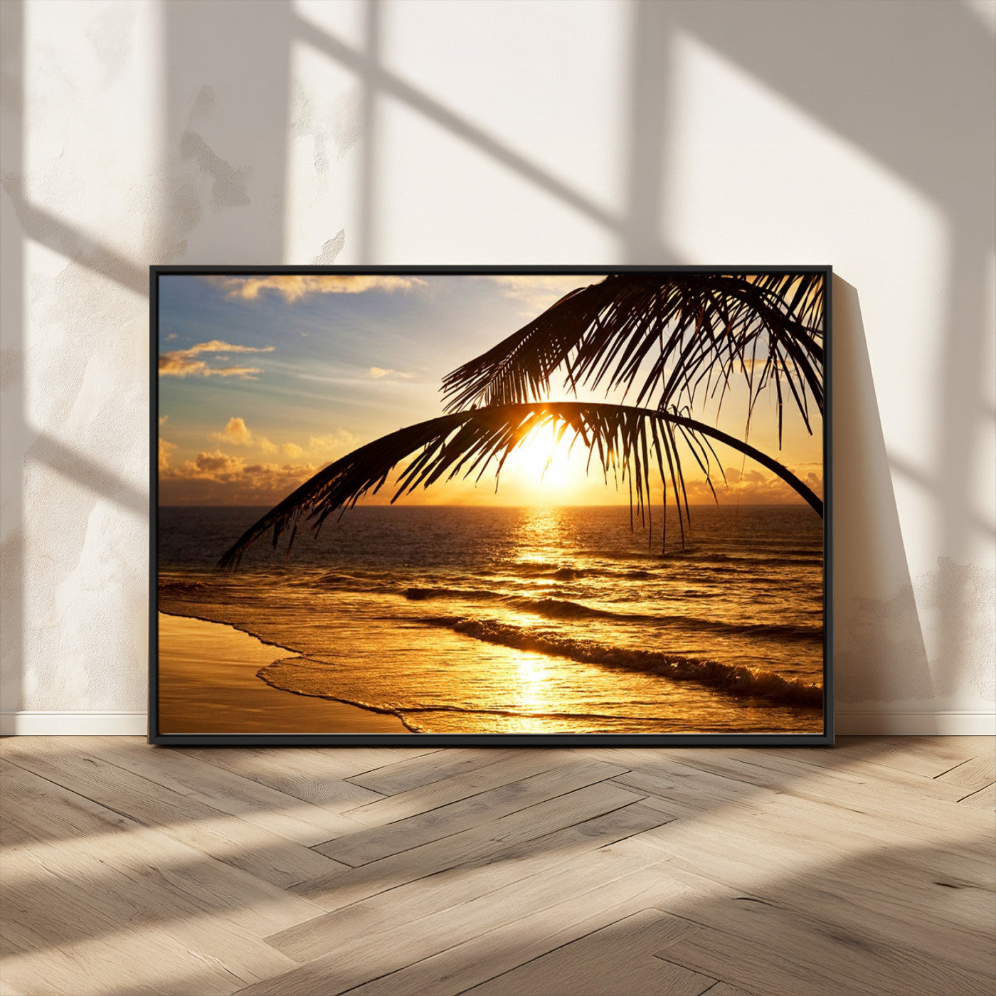 -Golden Tropical Beach Sunset Canvas Triptych, Coastal Palm Tree Wall Art, Ocean Shoreline Giclee