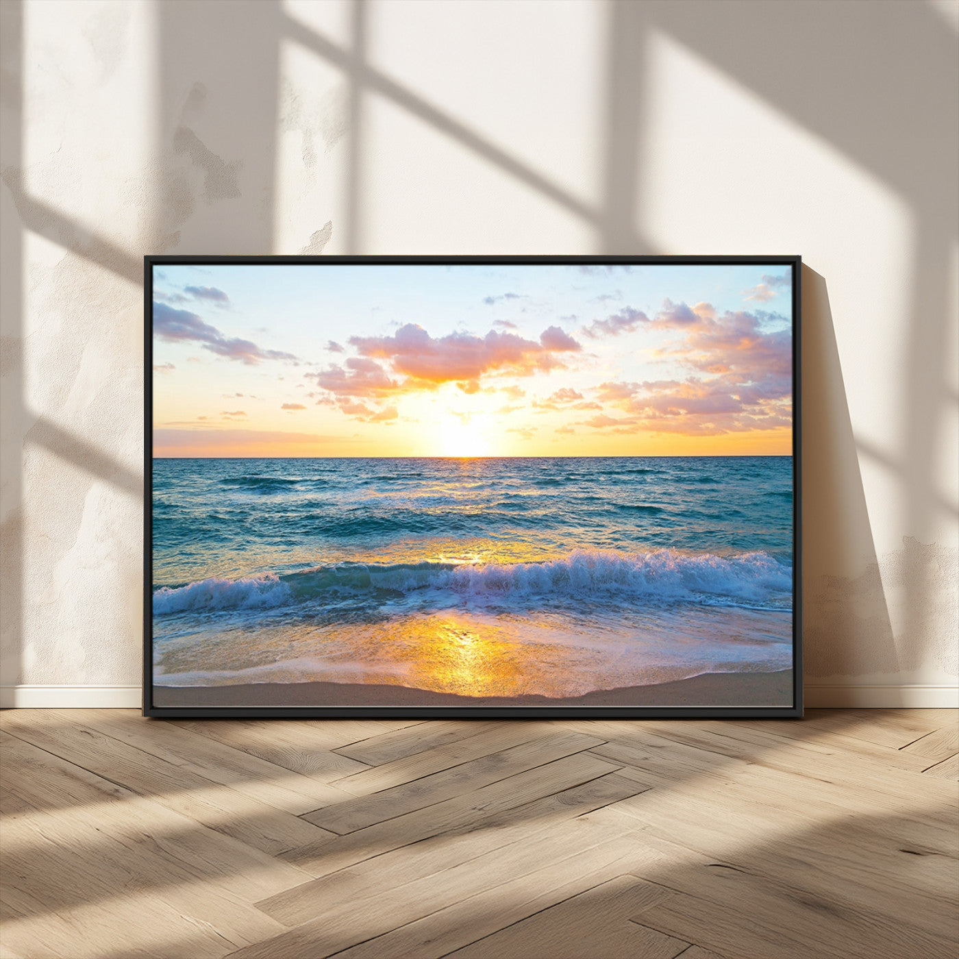 MGV-FC-36X24 - Ocean Sunset Triptych Canvas Wall Art, Giclee Beach Sunset Print with Gentle Waves, Coastal Art for Relaxation Spaces
