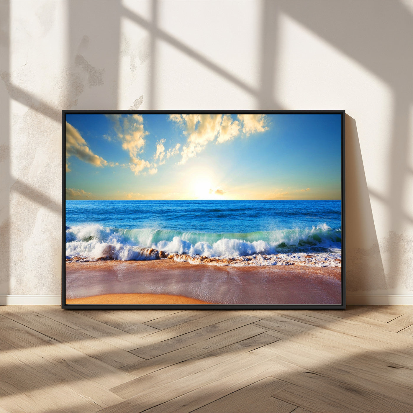 MGV-FC-36X24 - Tropical Beach Sunset Canvas Art, Ocean Waves and Sandy Shoreline Wall Art, Large Beach Decor for Coastal Homes