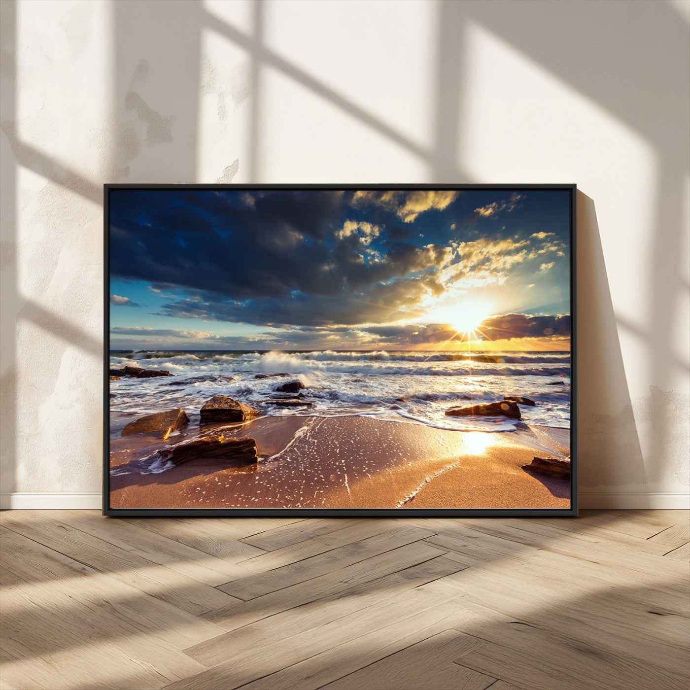 MGV-FC-36X24 - Golden Hour Beach Sunset Canvas Triptych, Ocean Waves and Rocks Wall Art for Coastal Home Decor