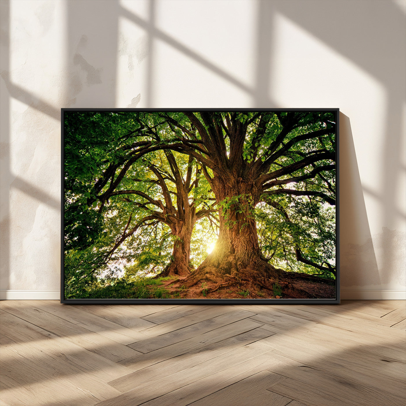 MGV-FC-36X24 - Majestic Ancient Tree Wall Art, Nature-Inspired Canvas Print, Woodland Art, Tree of Life Artwork, Sunlit Forest, Giclee Nature Print
