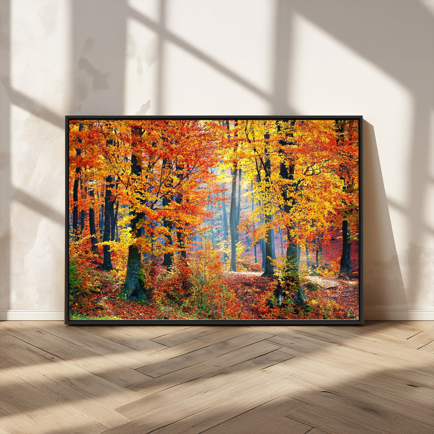 MGV-FC-36X24 - Autumn Red Forest Triptych Canvas Wall Art Print, Forest Wall Decor, Fall Landscape Art | Season Nature Landscape for Home or Office