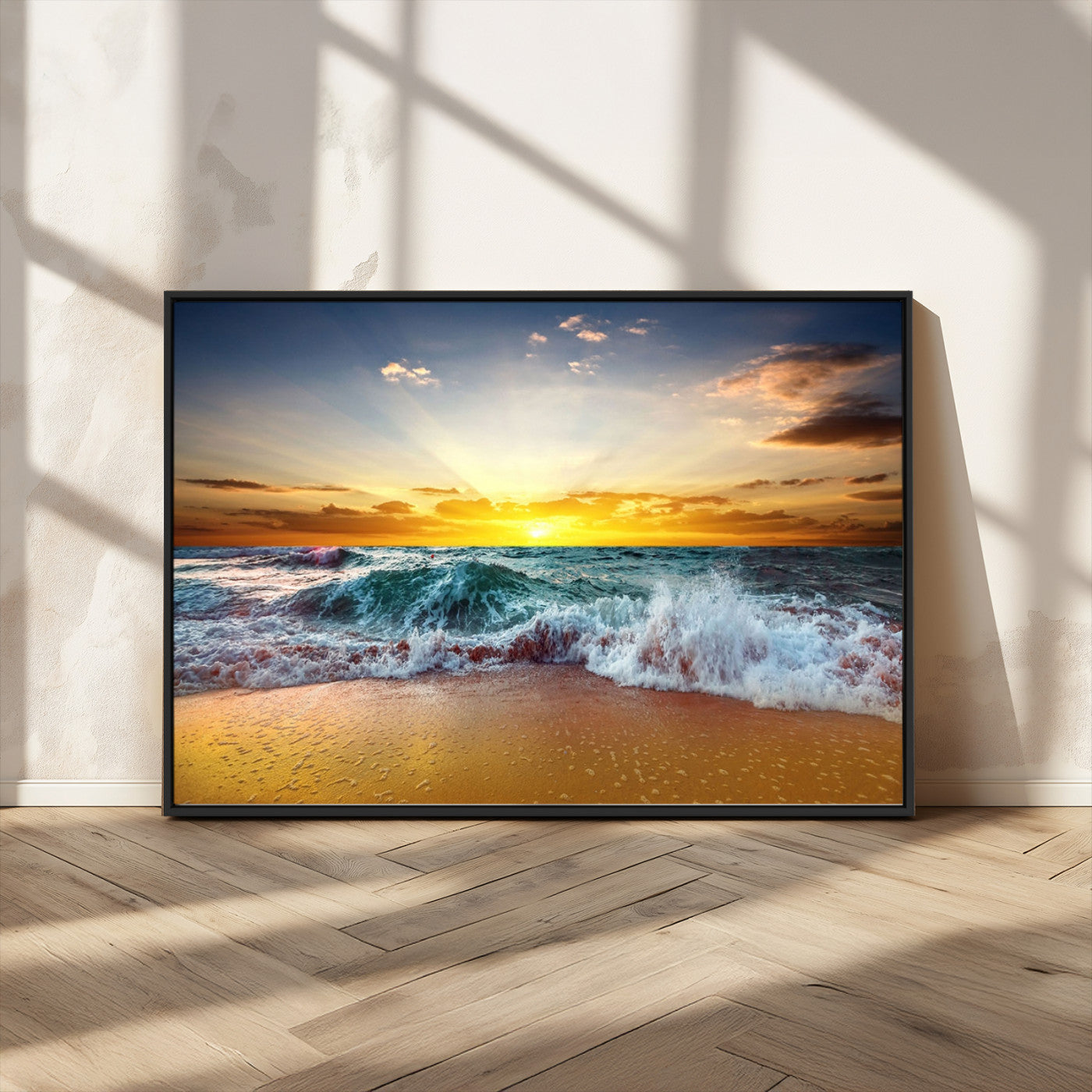 MGV-FC-36X24 - Golden Sunset Ocean Waves Wall Art Canvas Print – Multi Panel Beach Canvas Print Set – Large Coastal Triptych Print for Home or Farmhouse Decor