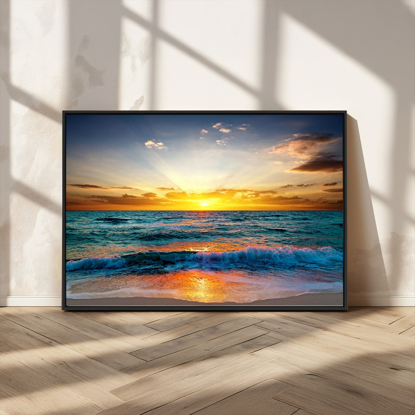 MGV-FC-36X24 - Vibrant Ocean Sunrise Over Golden Beach Waves, Giclee Canvas Wall Art Set, High-Quality Stretched Canvas Print, Ready to Hang Coastal Sunset Wall