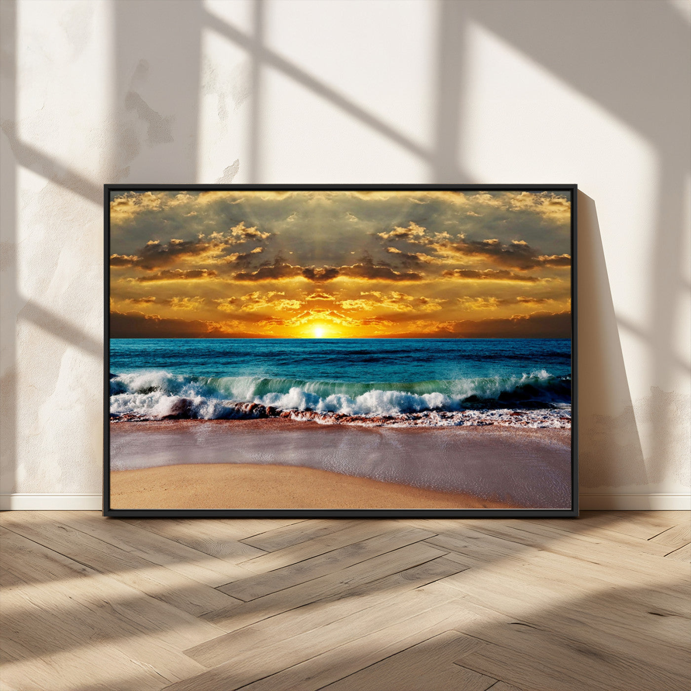 MGV-FC-36X24 - Ocean Sunrise Over Golden Beach Waves, Giclee Canvas Wall Art Set, High-Quality Stretched Canvas Print, Ready to Hang Coastal Sunset Wall Decor