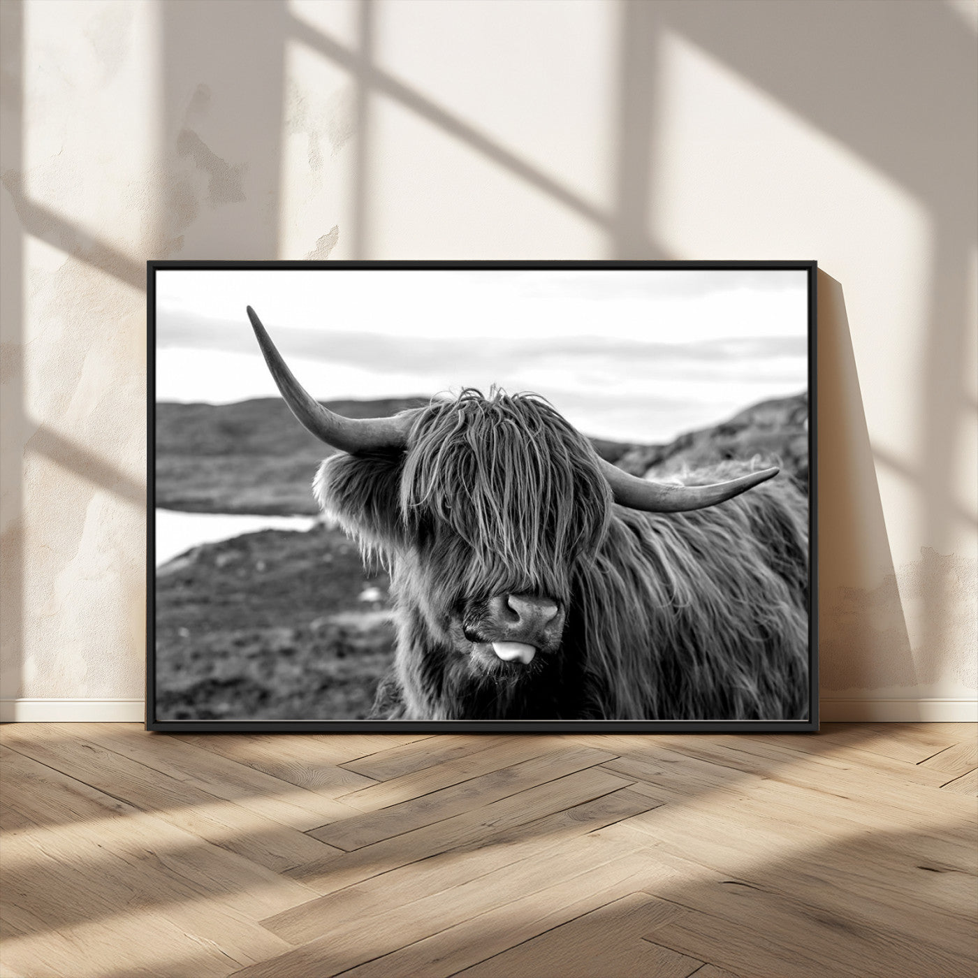MGV-FC-36X24 - Highland Cow Canvas Wall Art – Black and White Animal Portrait – Framed and Ready to Hang Rustic Farmhouse Decor for Living Room or Office
