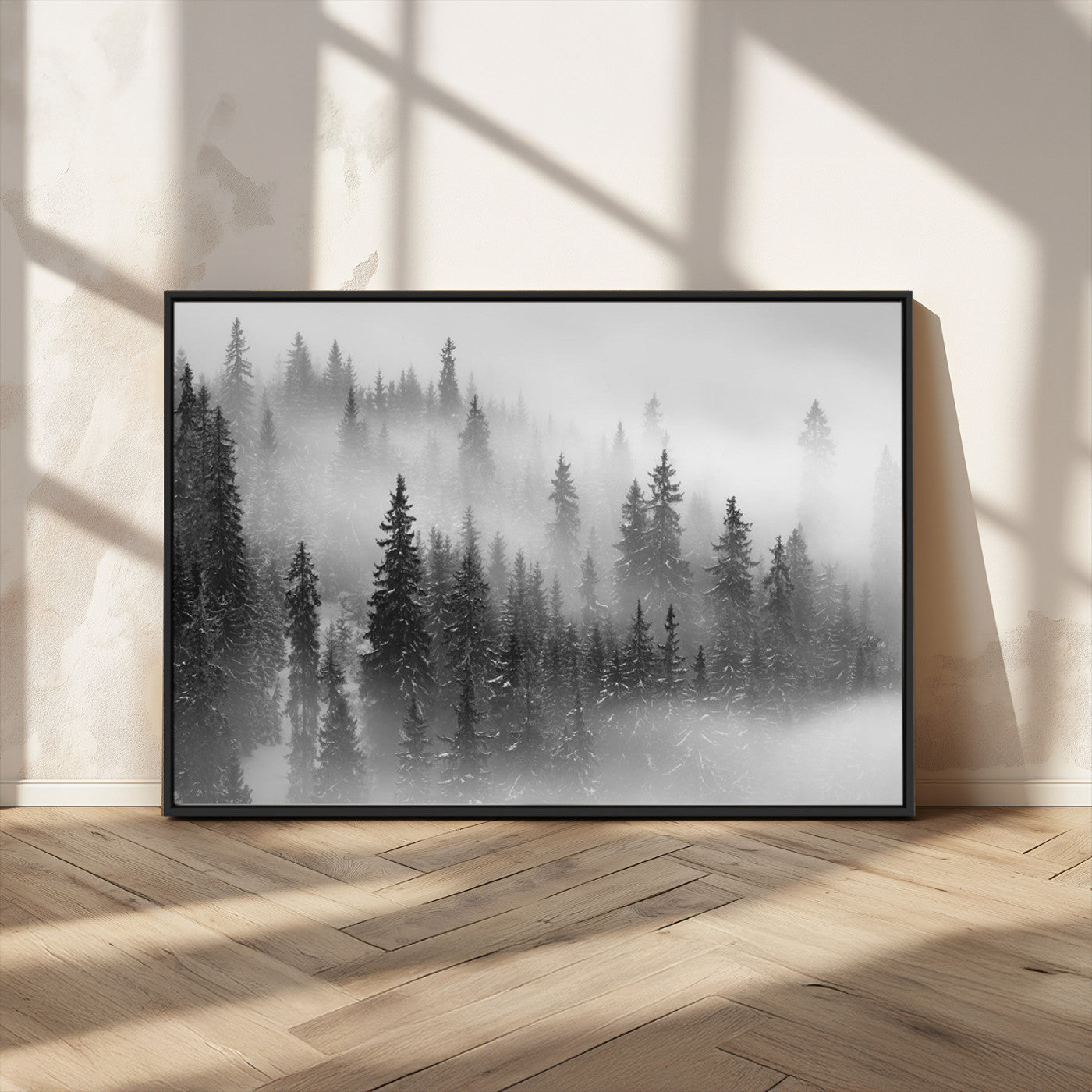 MGV-FC-36X24 - Black and White Forest Wall Art Print – Misty Pine Tree Canvas Print – Winter Woodland Nature Artwork – Perfect for Minimalist Home Decor