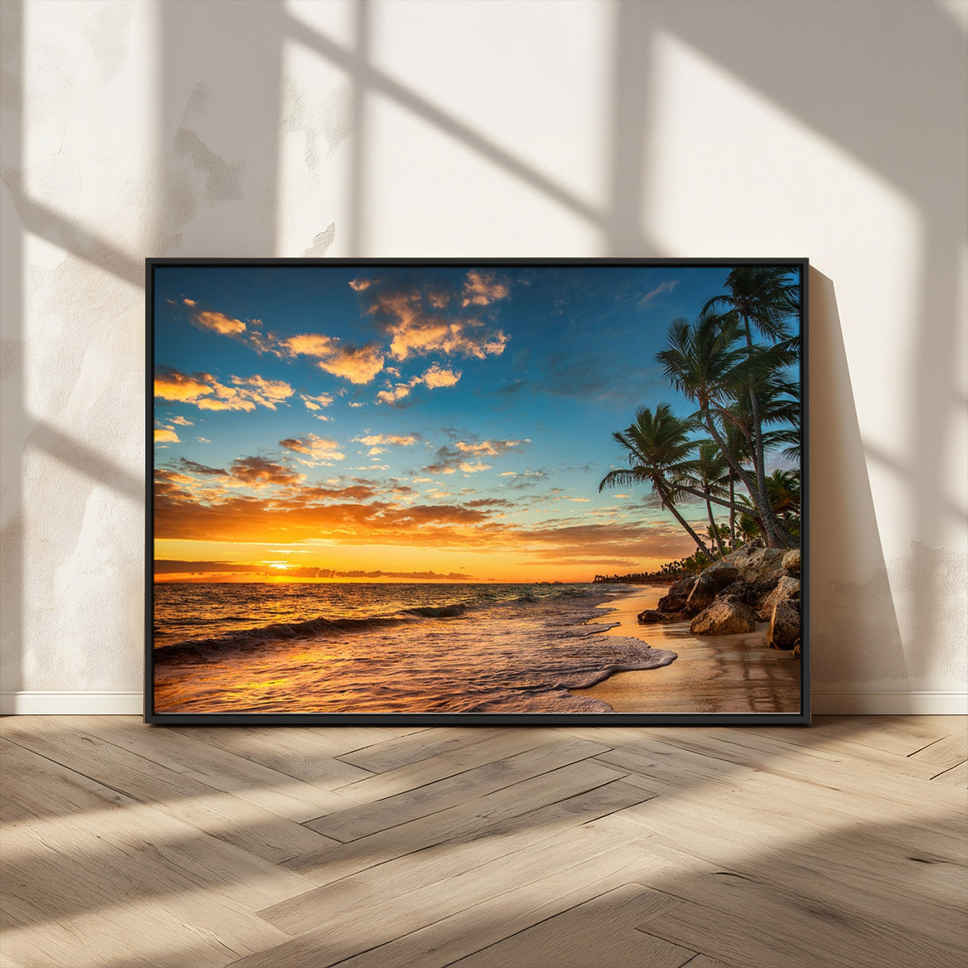 MGV-FC-36X24 - Tropical Beach Sunset Wall Art Print – Palm Tree Coastal Canvas Print – Ocean Seascape Artwork – Perfect for Tropical Modern Home Decor