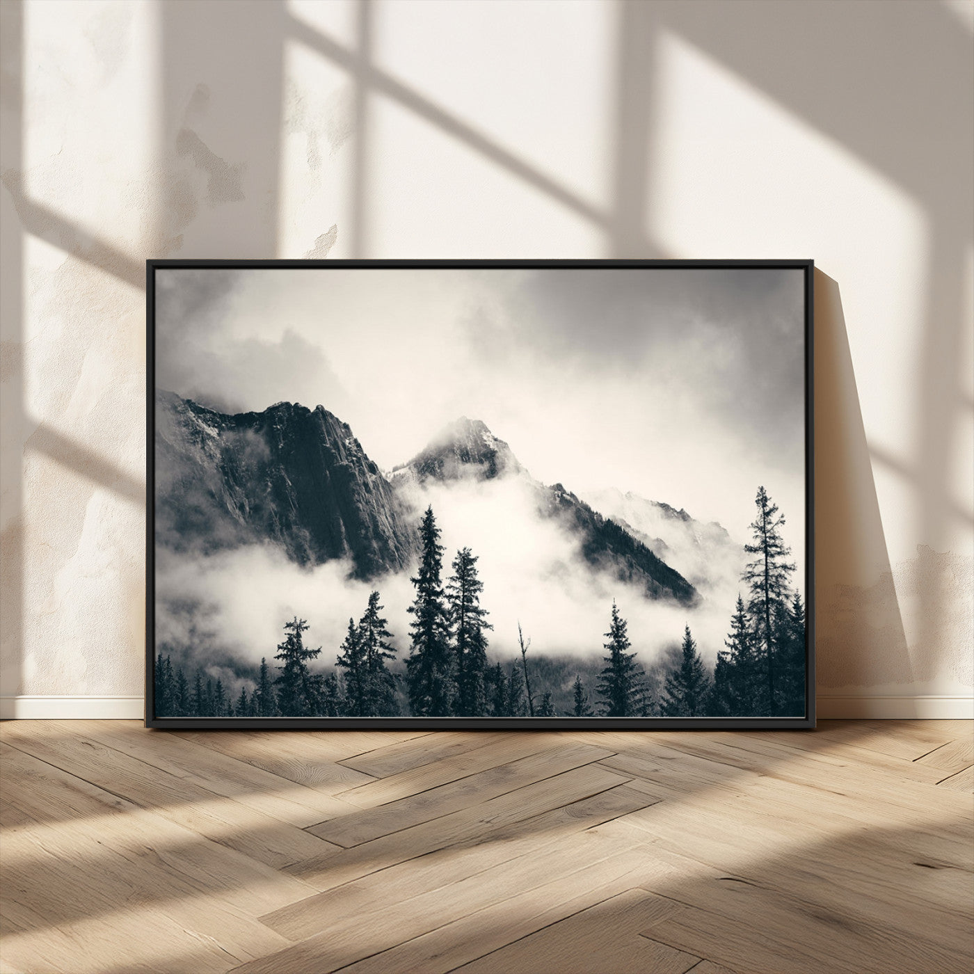 MGV-FC-36X24 - Large Foggy Mountain Forest Wall Art Canvas Print | Misty Mountain Peaks and Pine Trees Print | Framed Gallery Wrap | Rustic Nature Farmhouse Decor