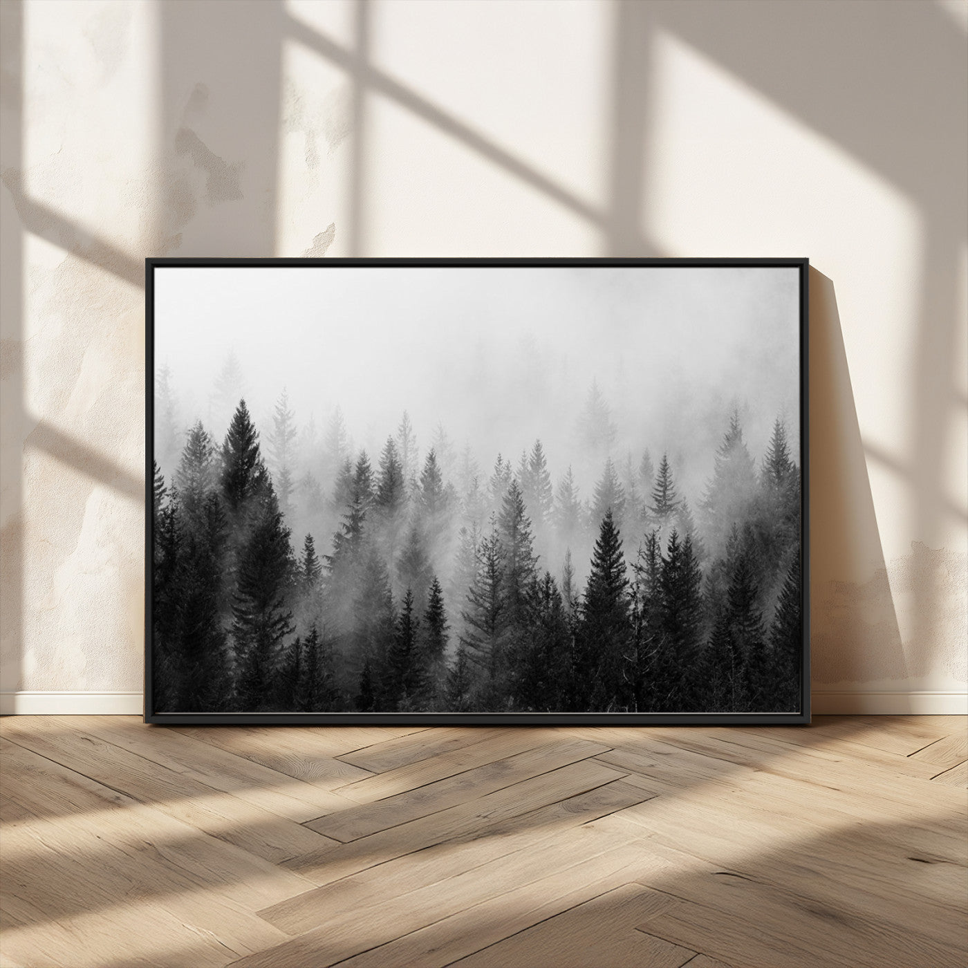 MGV-FC-36X24 - Foggy Black and White Forest Wall Art, 3 Panel Misty Pine Trees Canvas Print for Living Room, Office, or Bedroom, Nature-Inspired Woodland Wall Decor