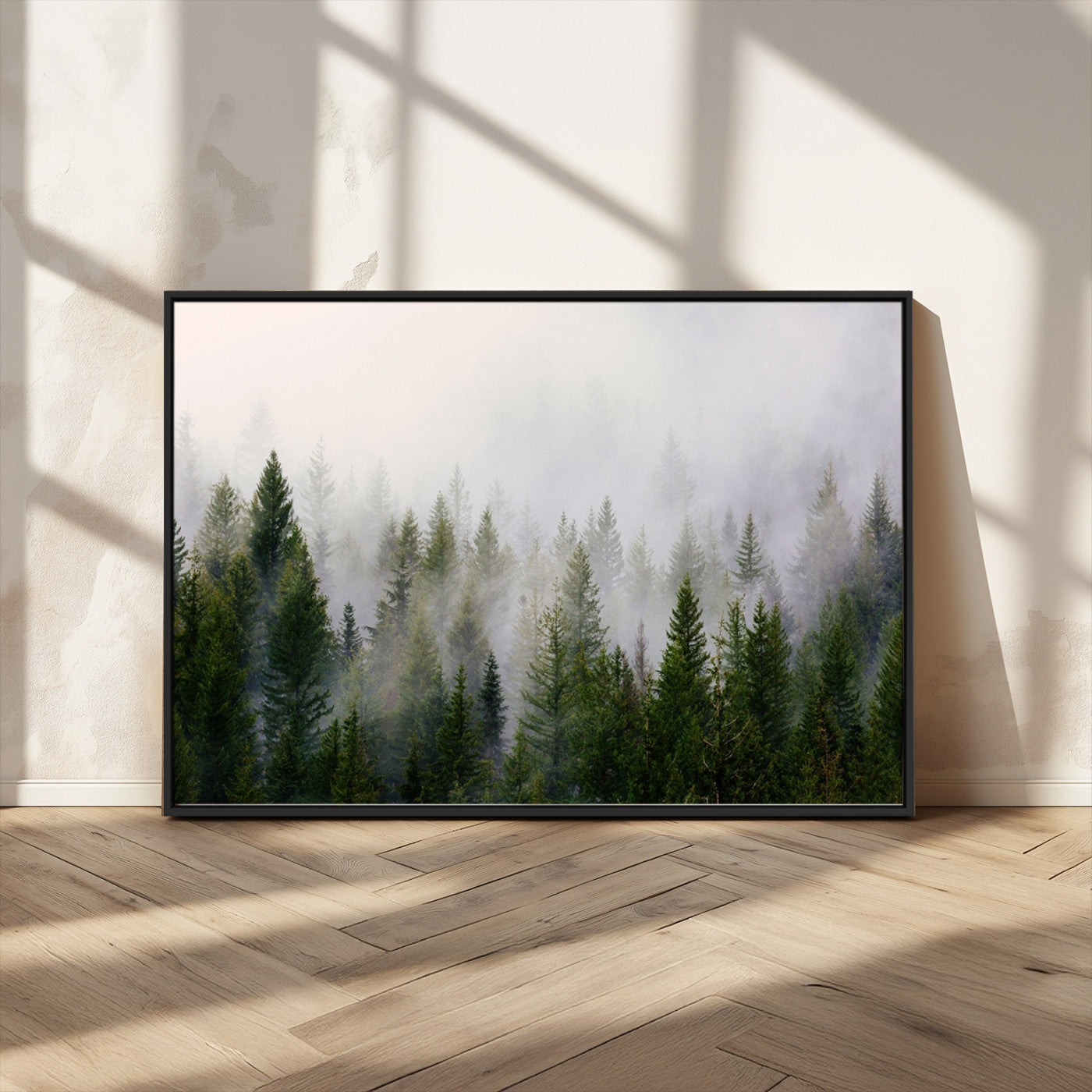 MGV-FC-36X24 - Misty Pine Forest Wall Art Canvas Print | 3 Panel Green Woodland Canvas Print for Living Room, Office, or Dining Room | Nature Foggy Forest Decor