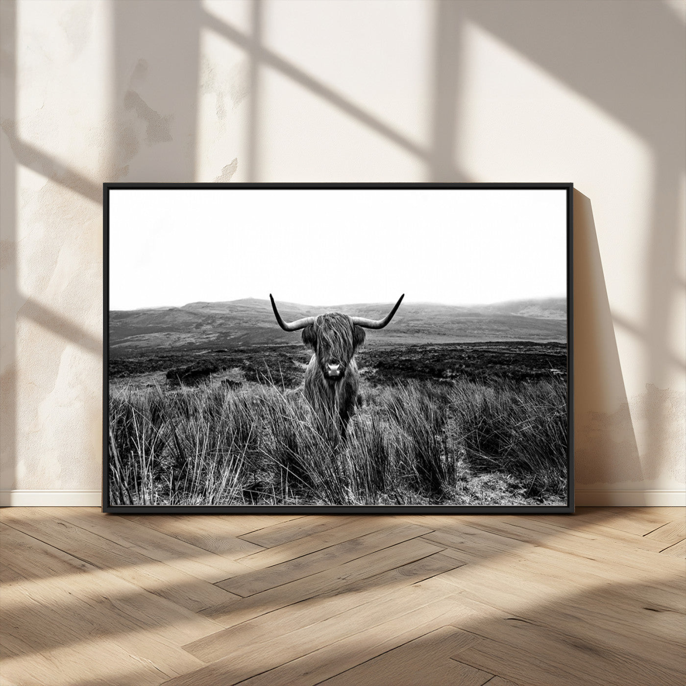 MGV-FC-36X24 - Black and White Highland Cow Canvas Wall Art, Longhorn Triptych Western Wall Decor for Cabin -