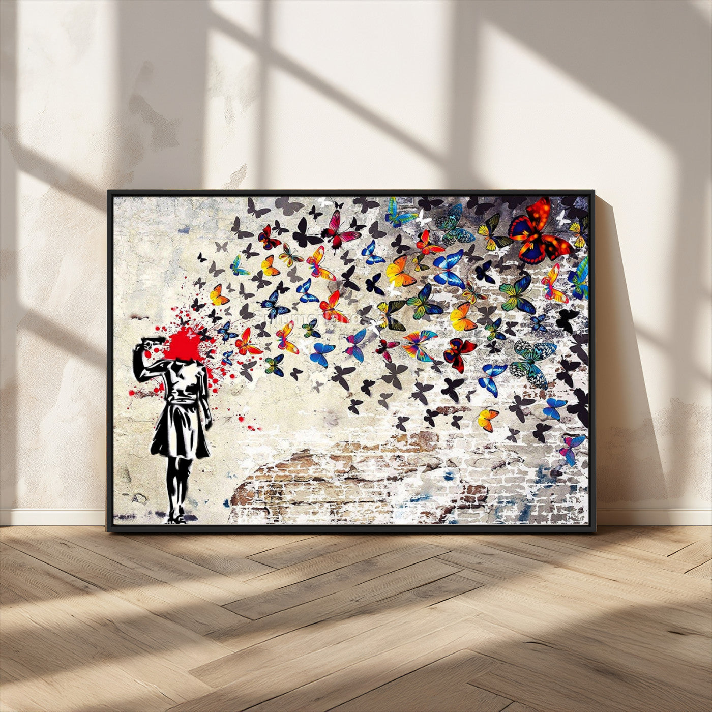 MGV-FC-36X24 - Banksy Art Butterfly Girl Explosion Canvas Art – Vibrant Urban Graffiti for Modern Interiors - Ready to Hang