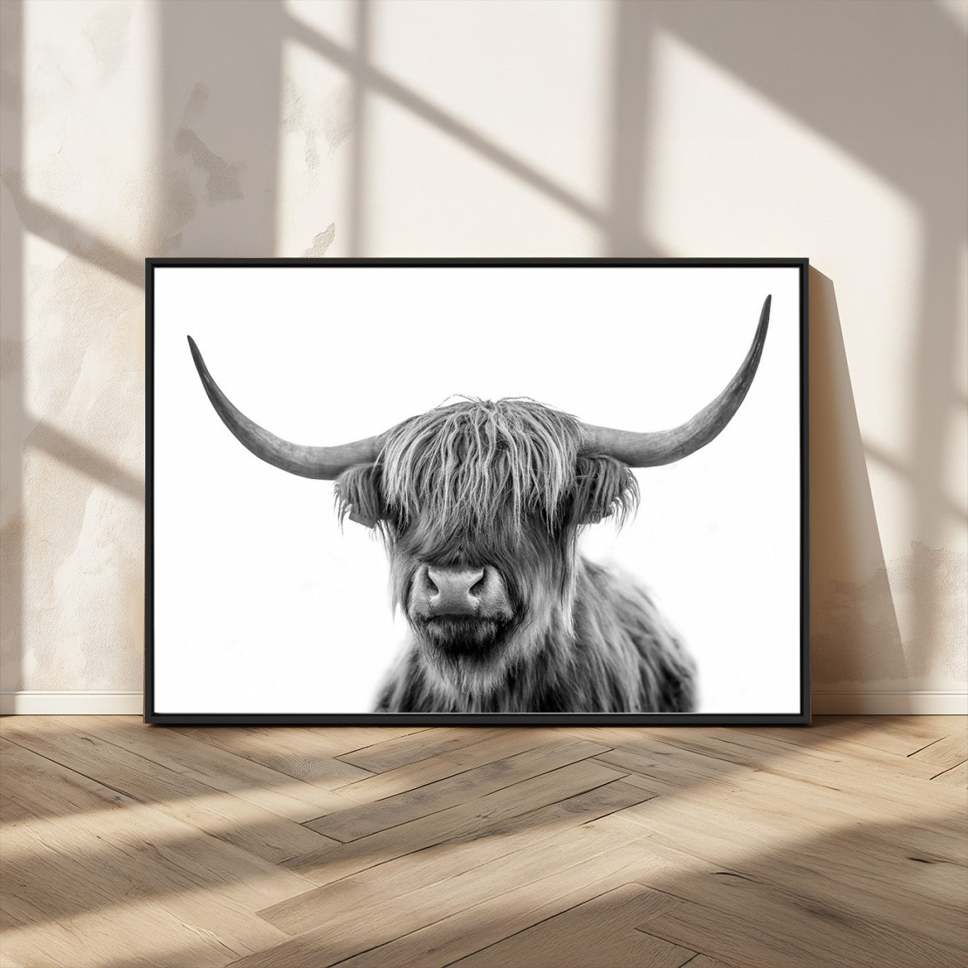 MGV-FC-36X24 - Grayscale Scottish Highland Cow Cattle Art Print Farmhouse Wall Art Canvas Print