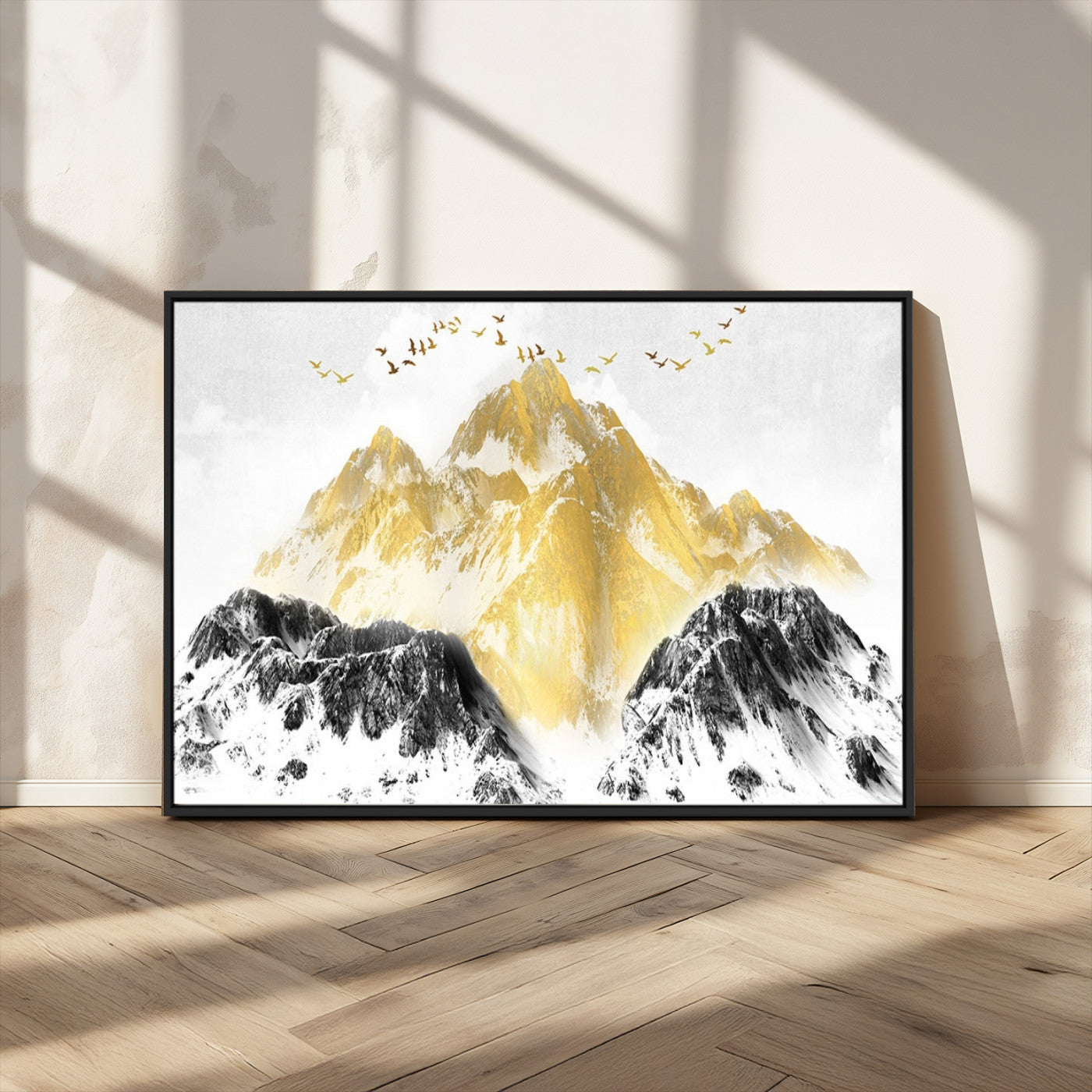 MGV-FC-36X24 - Golden Mountain Triptych Wall Art, Modern Giclee Canvas Print, Nature Landscape Decor for Living Room, Contemporary Gold and Black Wall Art