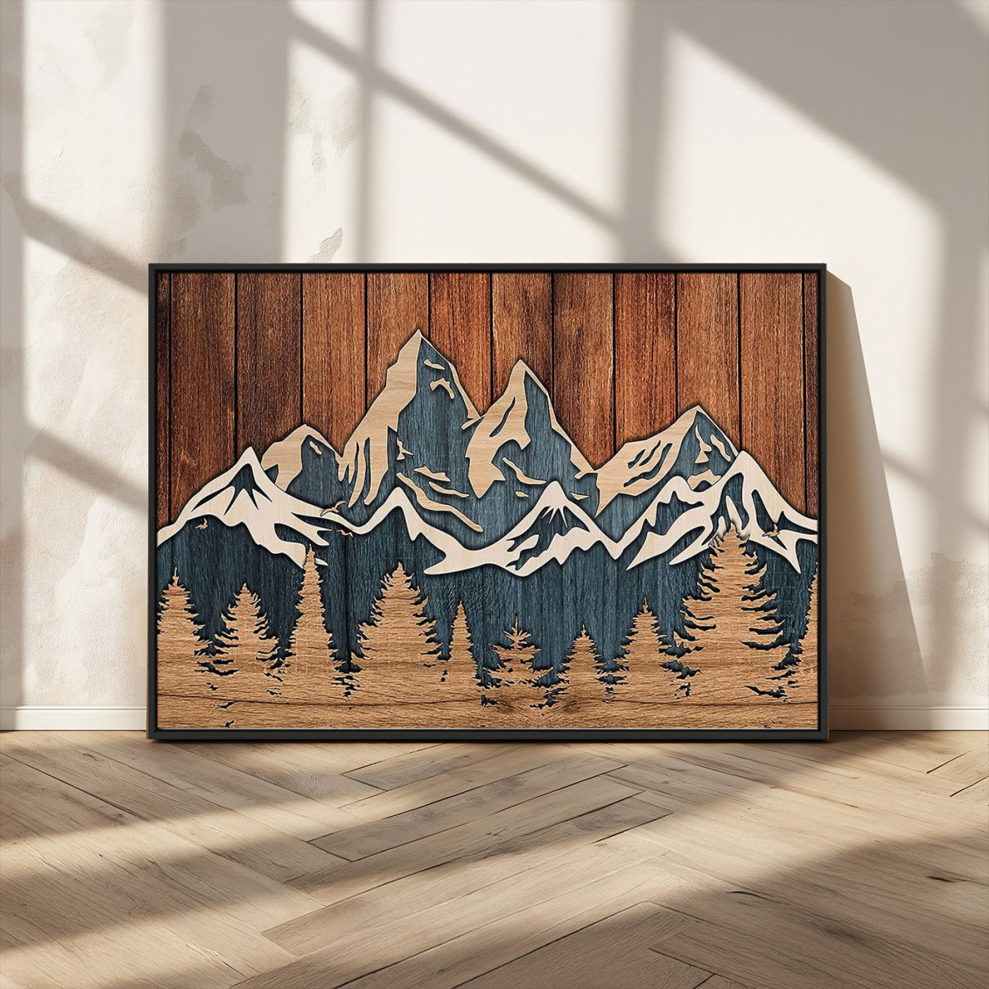 MGV-FC-36X24 - Rustic Wood Style Mountain Wall Art, Nature Forest Canvas Print, Wooden Textured Mountain Artwork, Handcrafted Landscape Decor for Farmhouse Decor