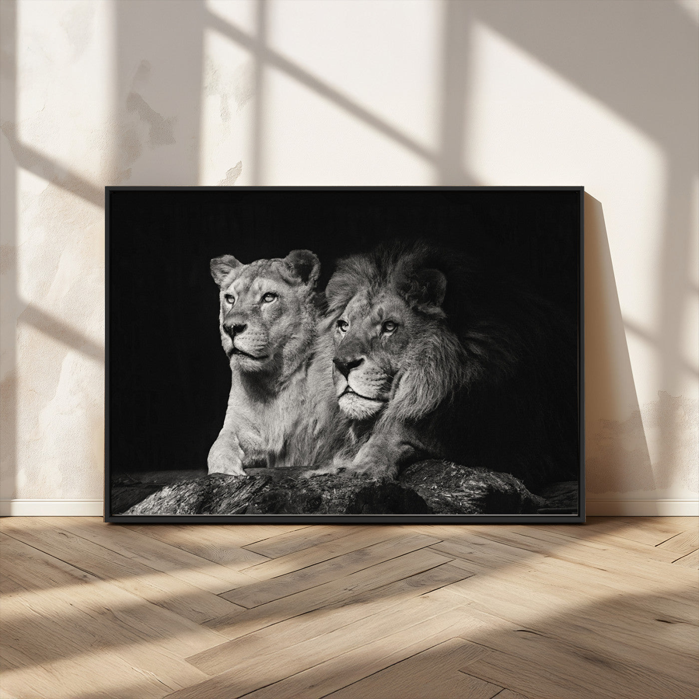 MGV-FC-36X24 - Lion Couple Canvas Wall Art Print – Elegant Wildlife Portrait in Black and White Lion Family – Ready to Hang